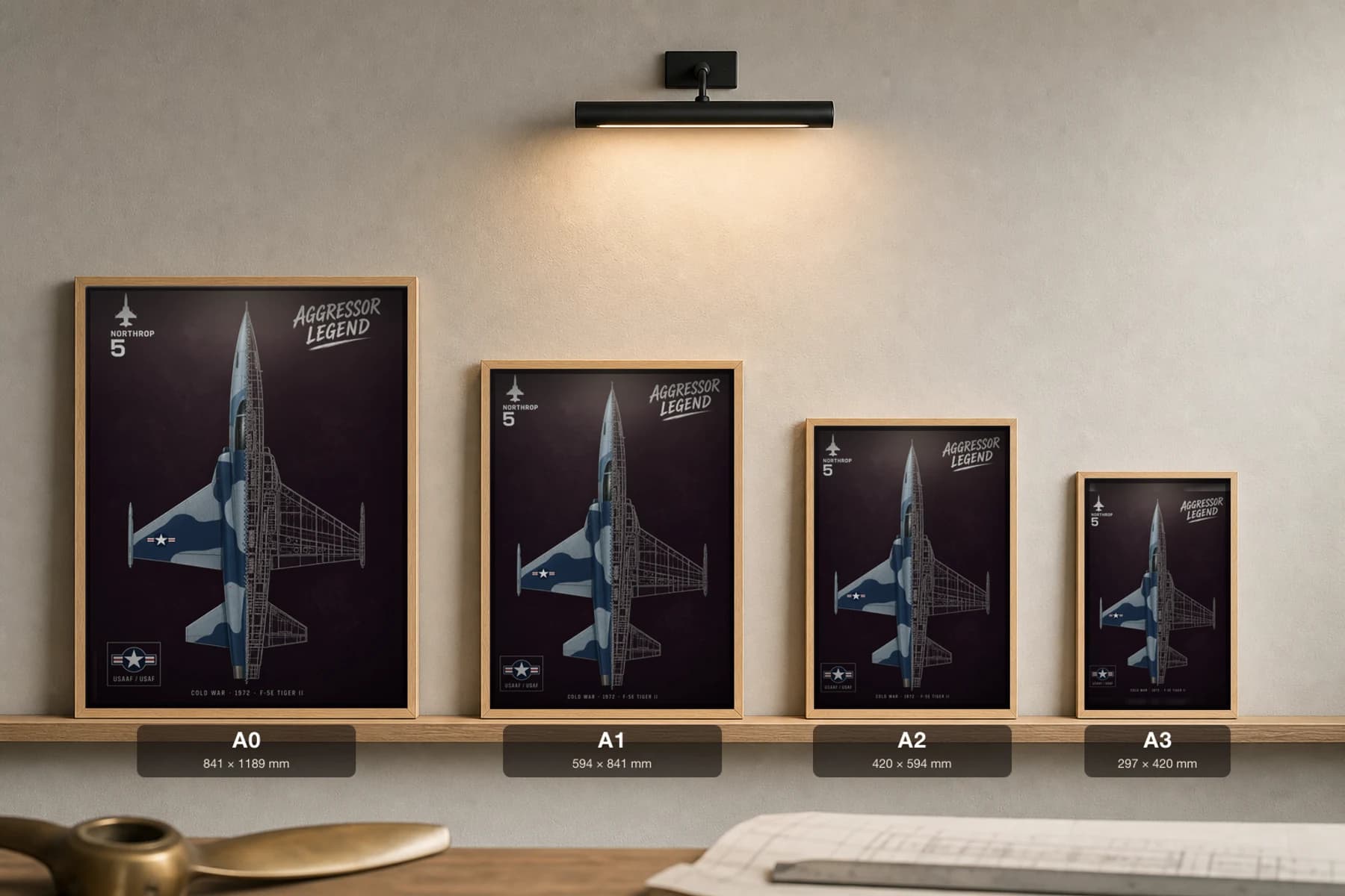 F-5E Tiger II Cutaway Poster — F-5E Cold War Split-View Blueprint Print — print size guide showing the artwork at A0, A1, A2 and A3 in natural-oak frames at true relative scale