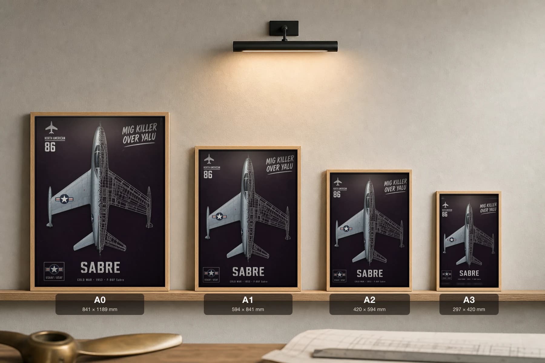 F-86 Sabre Cutaway Poster — F-86F Cold War Split-View Blueprint Print — print size guide showing the artwork at A0, A1, A2 and A3 in natural-oak frames at true relative scale
