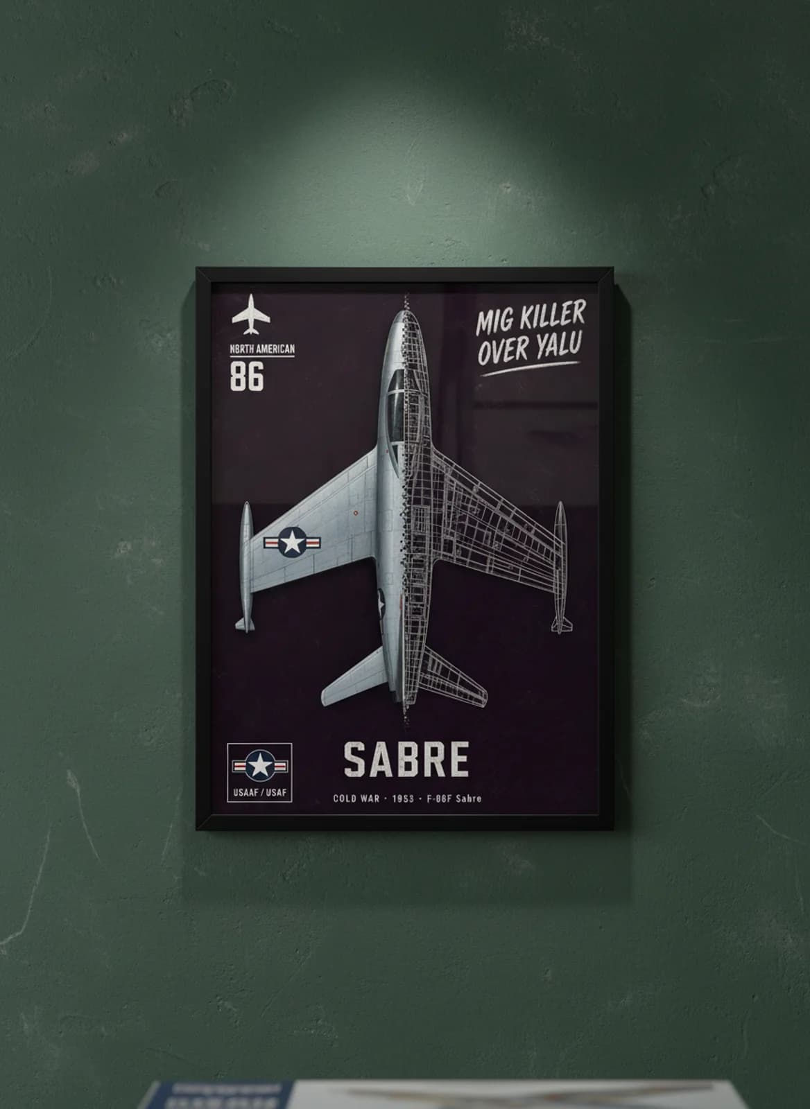 F-86F Sabre — Aircraft Cutaway cutaway poster in black A2 frame on natural-metal-silver deep forest wall — Aircraft Cutaways enthusiast study mockup