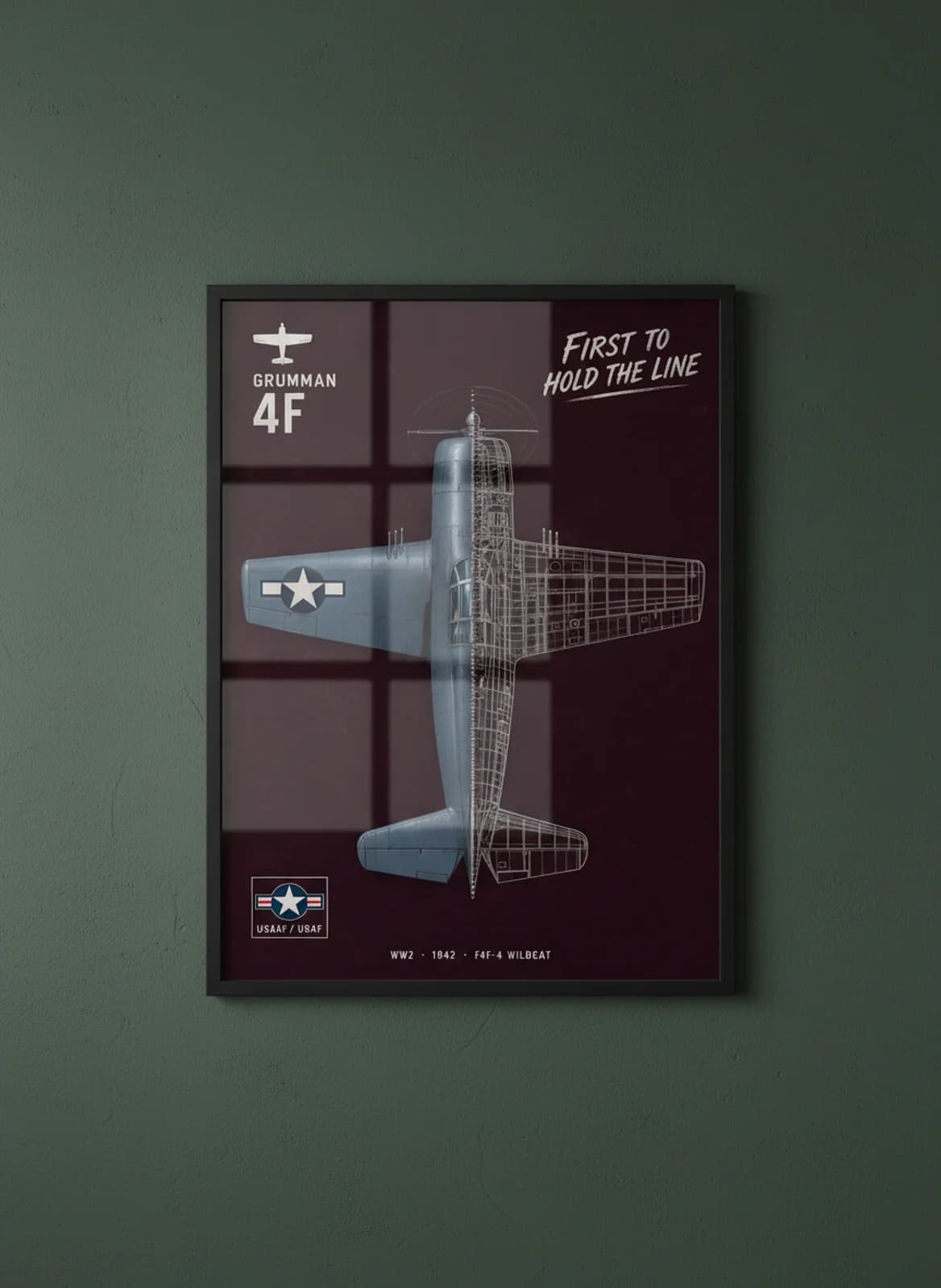 F4F-4 Wildcat cutaway poster in black A2 frame on blue-grey-livery deep forest wall — Aircraft Cutaways enthusiast study mockup