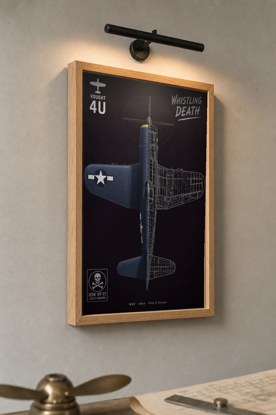F4U Corsair Cutaway Poster — F4U-4 WW2 Split-View Blueprint Print — the framed print shown at a three-quarter angle on a styled gallery wall in a natural-oak frame