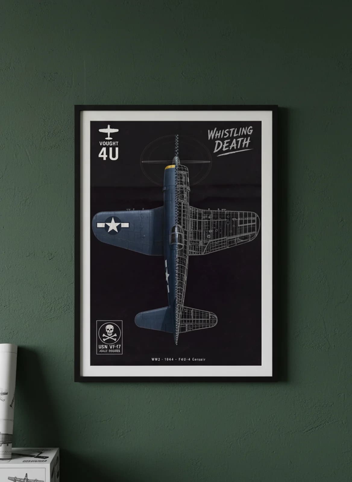 F4U-4 Corsair — Aircraft Cutaway cutaway poster in black A2 frame on navy-blue-livery deep forest wall — Aircraft Cutaways enthusiast study mockup