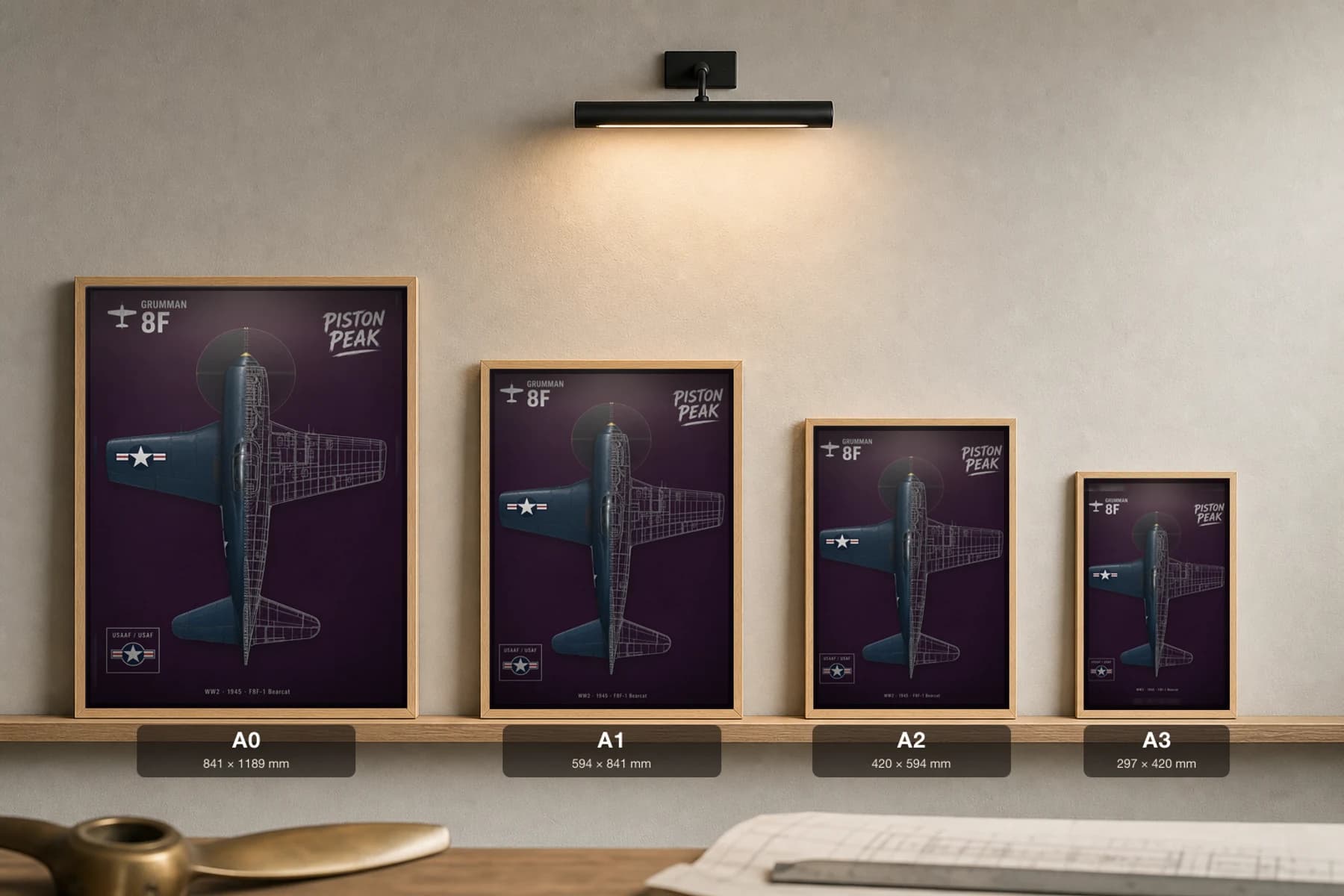 Grumman F8F Bearcat Cutaway Poster — F8F-1 WW2 Split-View Blueprint Print — print size guide showing the artwork at A0, A1, A2 and A3 in natural-oak frames at true relative scale