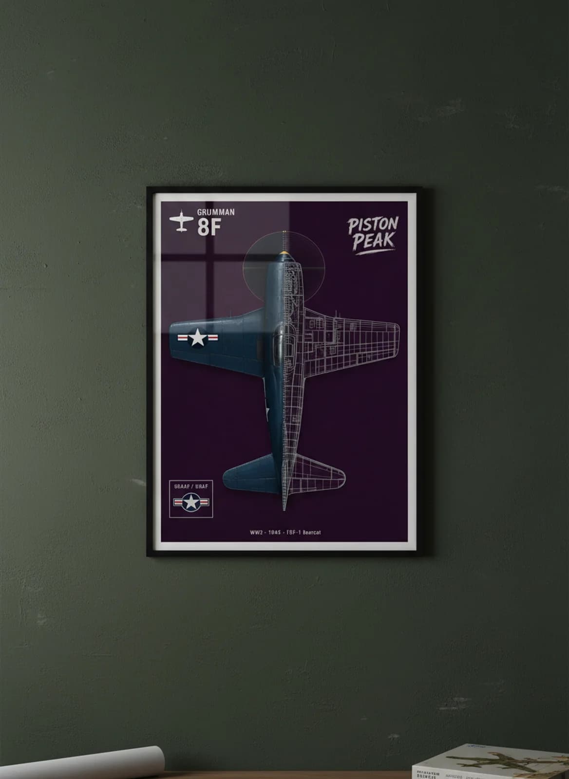 F8F-1 Bearcat cutaway poster in black A2 frame on deep-navy-livery deep forest wall — Aircraft Cutaways enthusiast study mockup