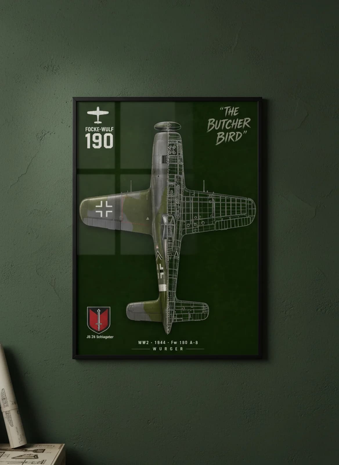 Fw 190 A-8 — Aircraft Cutaway cutaway poster in black A2 frame on luftwaffe-dark-green deep forest wall — Aircraft Cutaways enthusiast study mockup
