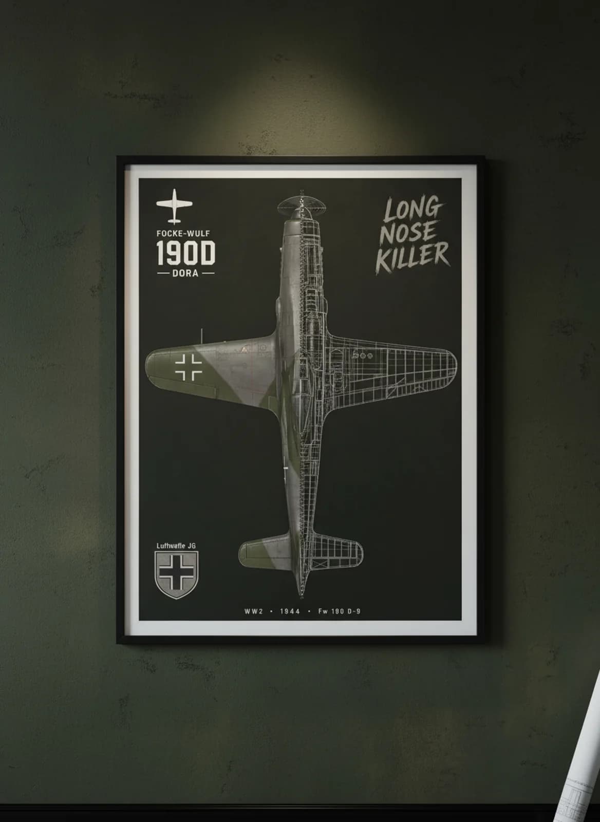 Fw 190 D-9 — Aircraft Cutaway cutaway poster in black A2 frame on olive-green-splinter deep forest wall — Aircraft Cutaways enthusiast study mockup