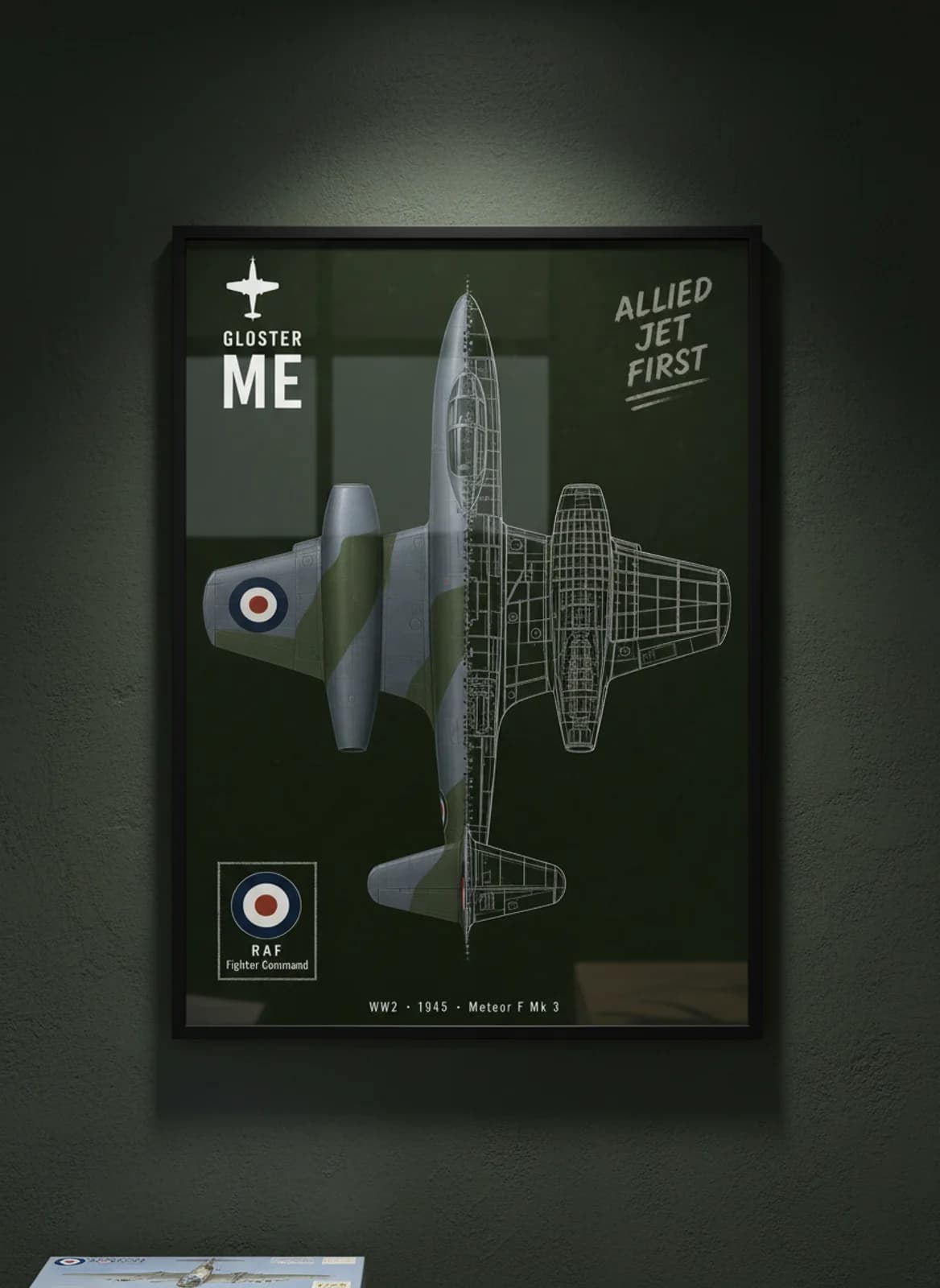 Meteor F Mk 3 — Aircraft Cutaway cutaway poster in black A2 frame on raf-dark-green deep forest wall — Aircraft Cutaways enthusiast study mockup