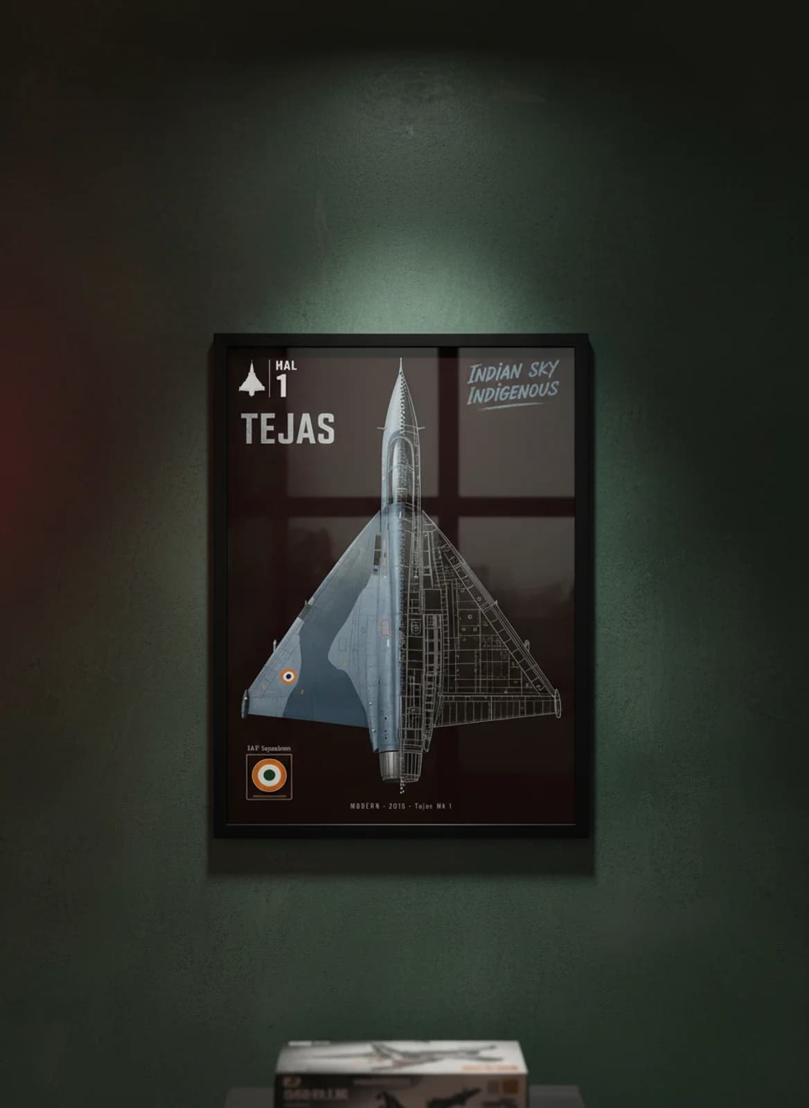 Tejas Mk 1 — Aircraft Cutaway cutaway poster in black A2 frame on iaf-low-vis-grey deep forest wall — Aircraft Cutaways enthusiast study mockup
