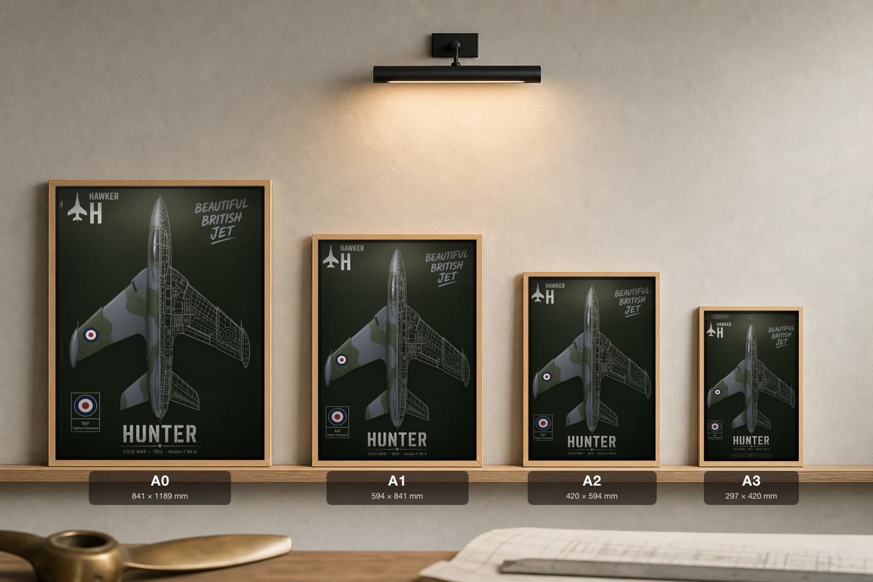 Hawker Hunter Cutaway Poster — F Mk 6 Cold War Split-View Blueprint Print — print size guide showing the artwork at A0, A1, A2 and A3 in natural-oak frames at true relative scale
