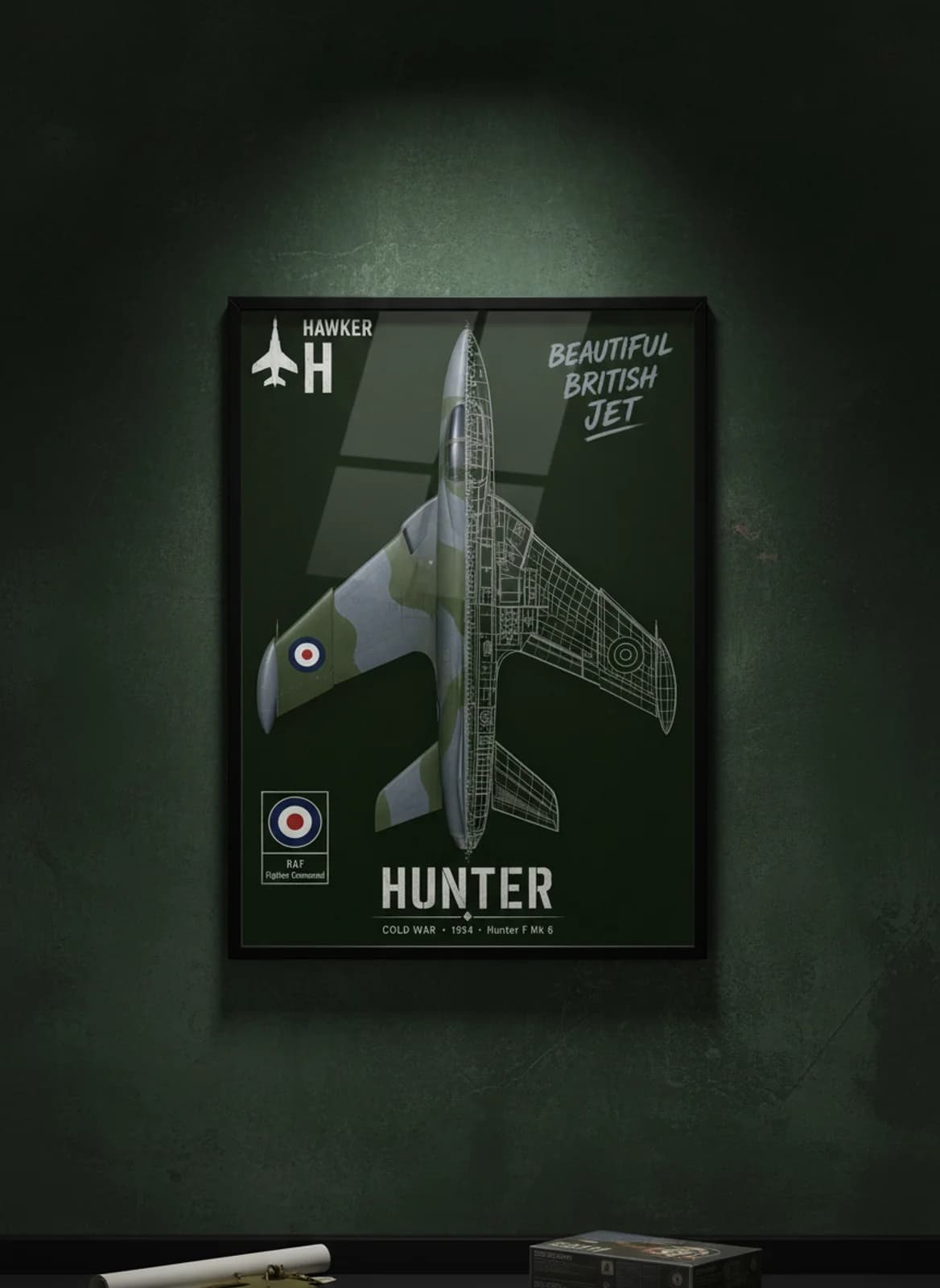 Hunter F Mk 6 — Aircraft Cutaway cutaway poster in black A2 frame on raf-dark-green deep forest wall — Aircraft Cutaways enthusiast study mockup