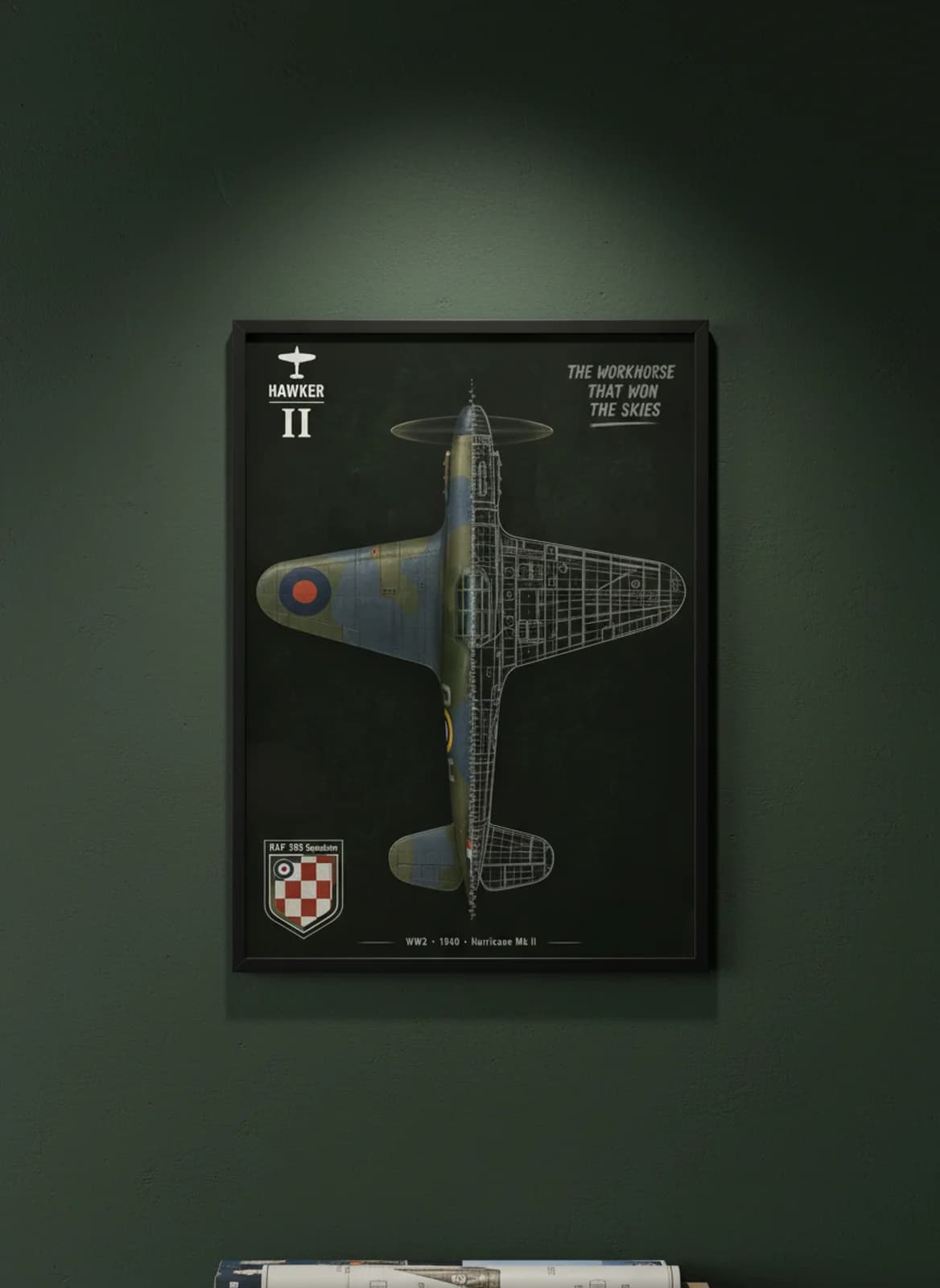 Hurricane Mk II — Aircraft Cutaway cutaway poster in black A2 frame on raf-dark-green deep forest wall — Aircraft Cutaways enthusiast study mockup