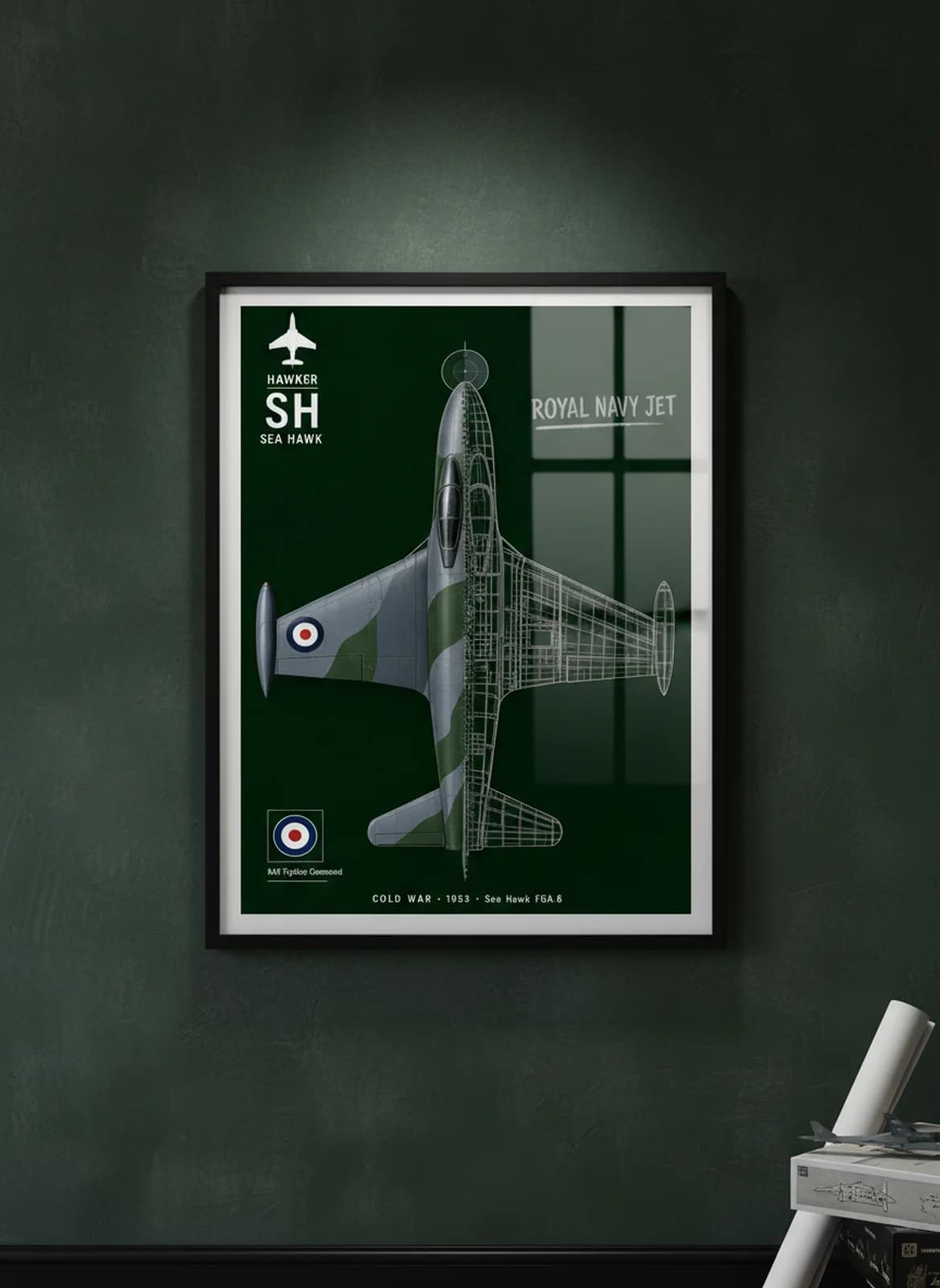 Sea Hawk FGA.6 cutaway poster in black A2 frame on sea-grey-faa-camouflage deep forest wall — Aircraft Cutaways enthusiast study mockup