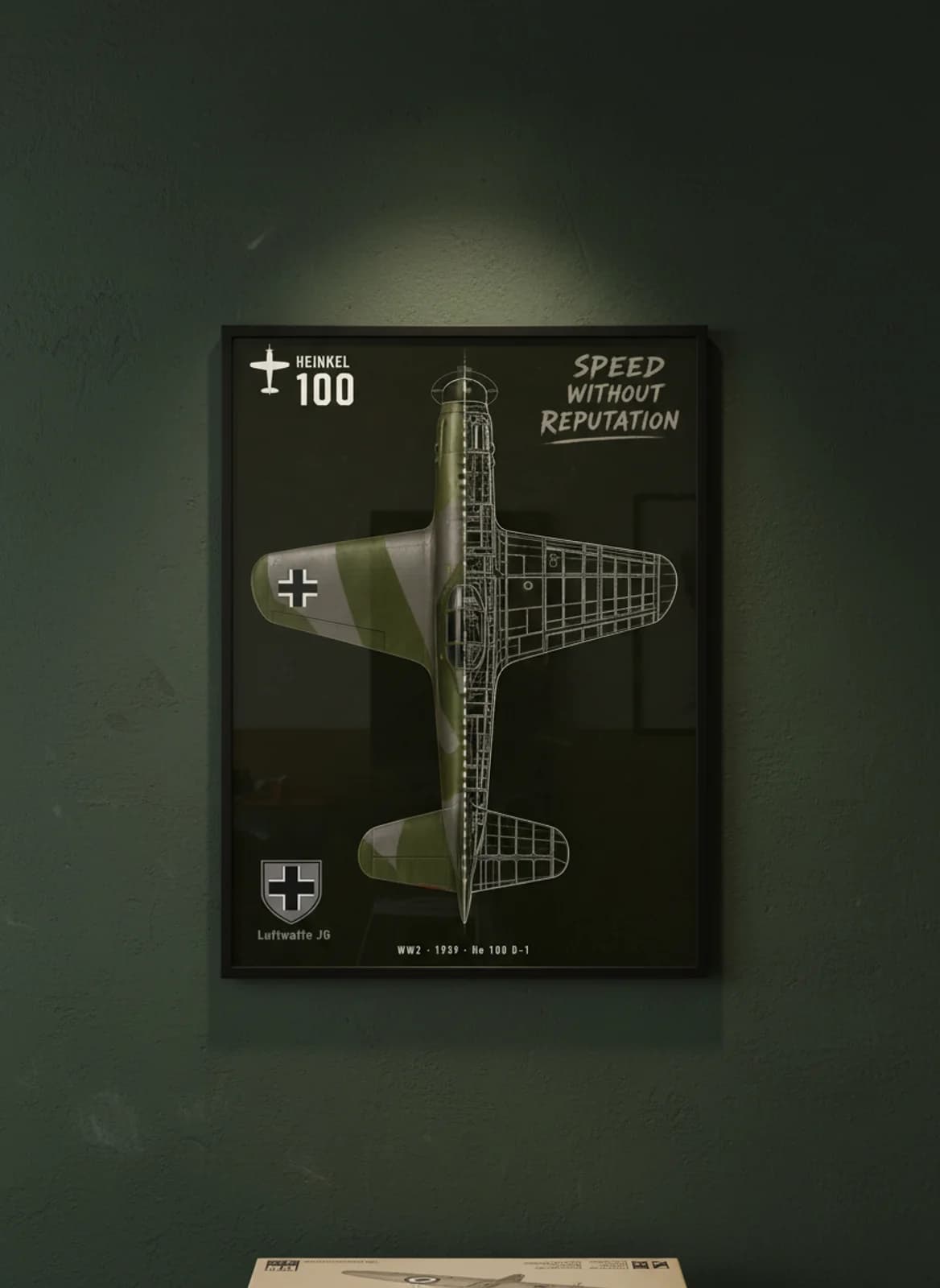 He 100 D-1 — Aircraft Cutaway cutaway poster in black A2 frame on luftwaffe-dark-green deep forest wall — Aircraft Cutaways enthusiast study mockup
