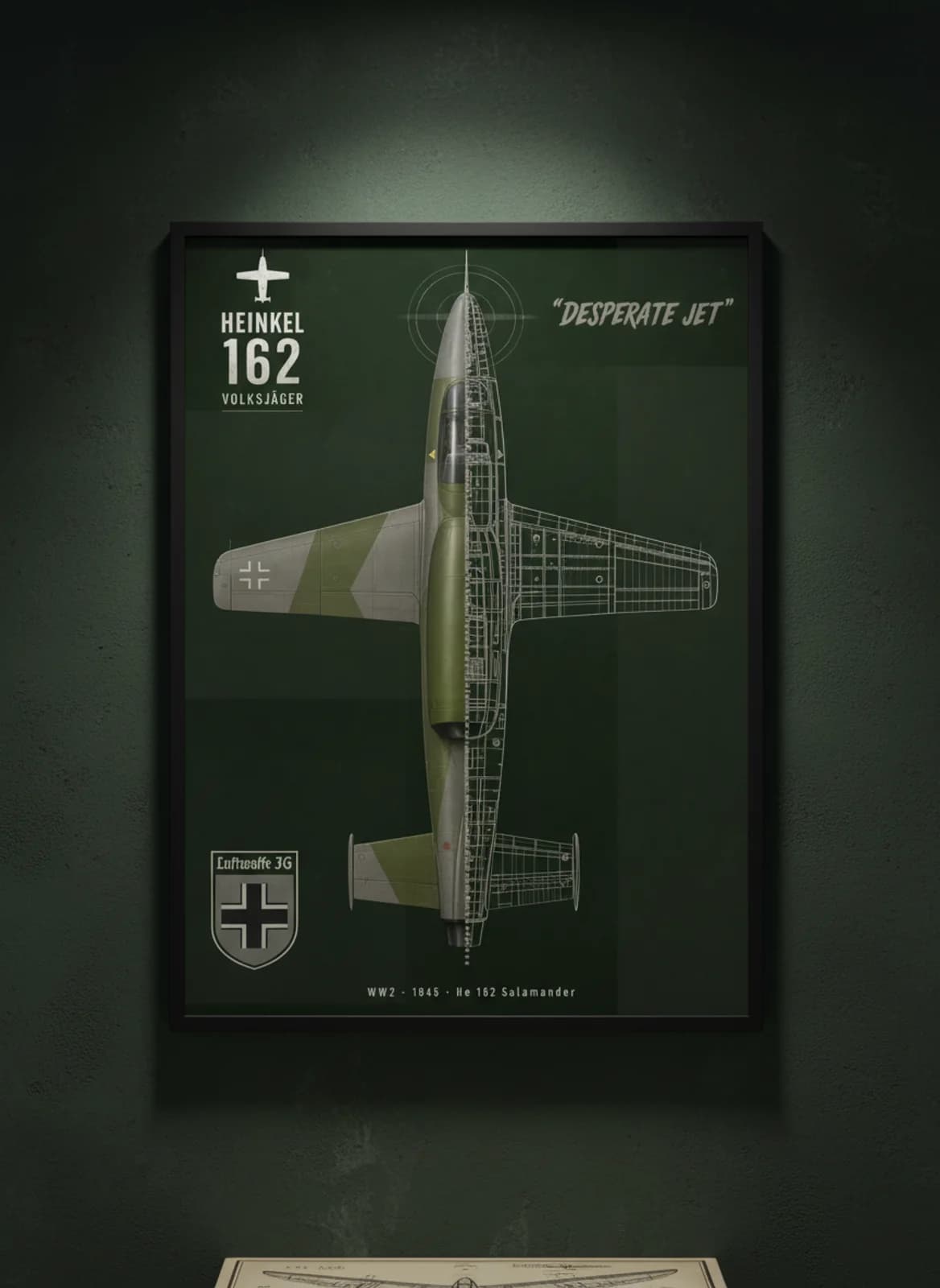 He 162 Salamander — Aircraft Cutaway cutaway poster in black A2 frame on splinter-green-camouflage deep forest wall — Aircraft Cutaways enthusiast study mockup