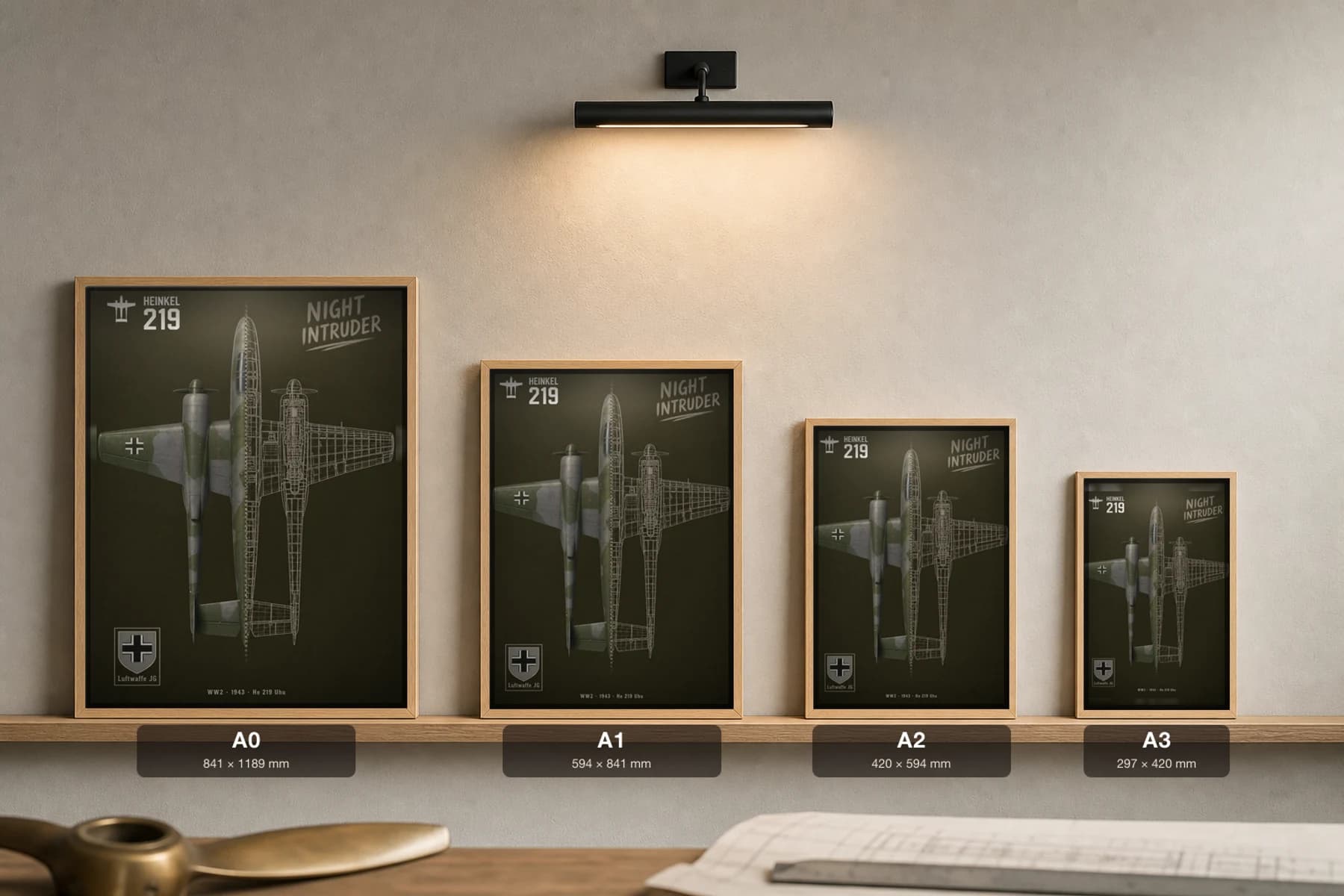 Heinkel He 219 Cutaway Poster — Uhu WW2 Split-View Blueprint Print — print size guide showing the artwork at A0, A1, A2 and A3 in natural-oak frames at true relative scale