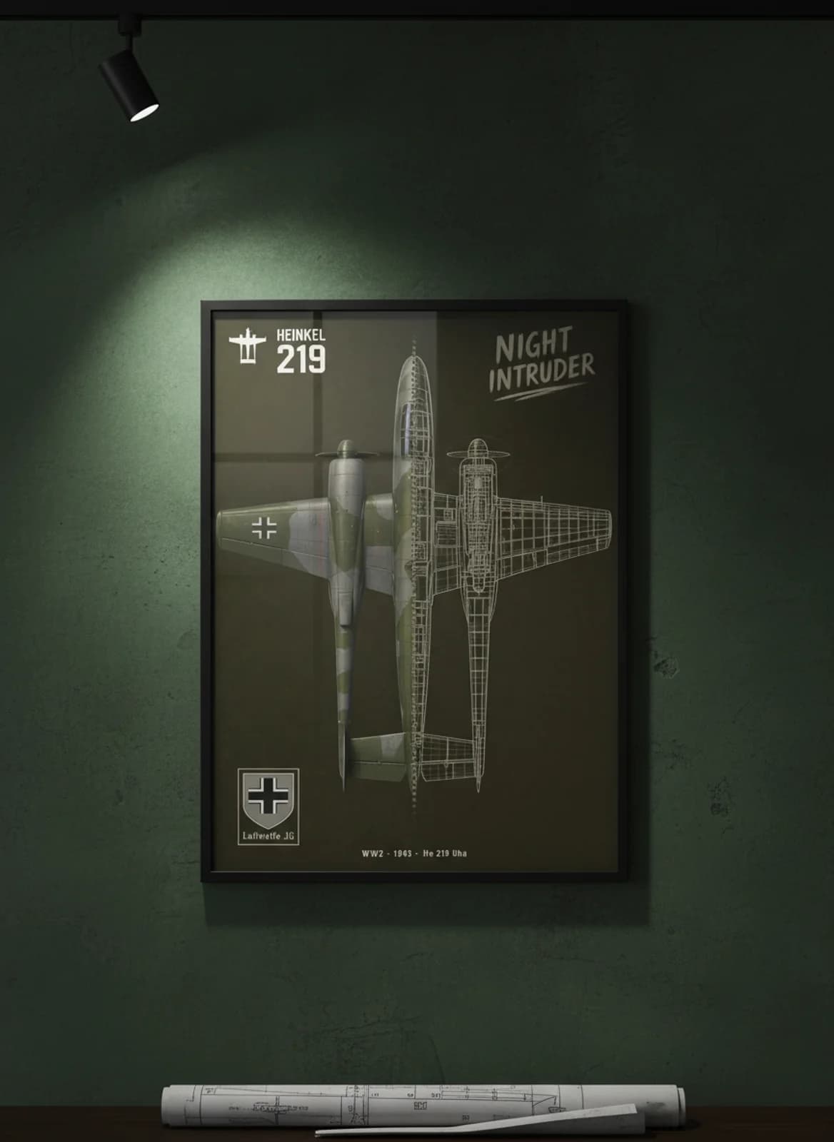 He 219 Uhu — Aircraft Cutaway cutaway poster in black A2 frame on luftwaffe-splinter-green deep forest wall — Aircraft Cutaways enthusiast study mockup