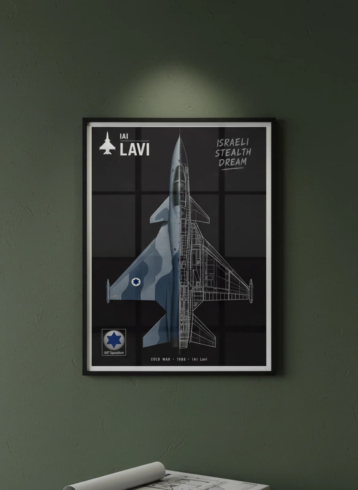 IAI Lavi cutaway poster in black A2 frame on blue-grey-camouflage deep forest wall — Aircraft Cutaways enthusiast study mockup
