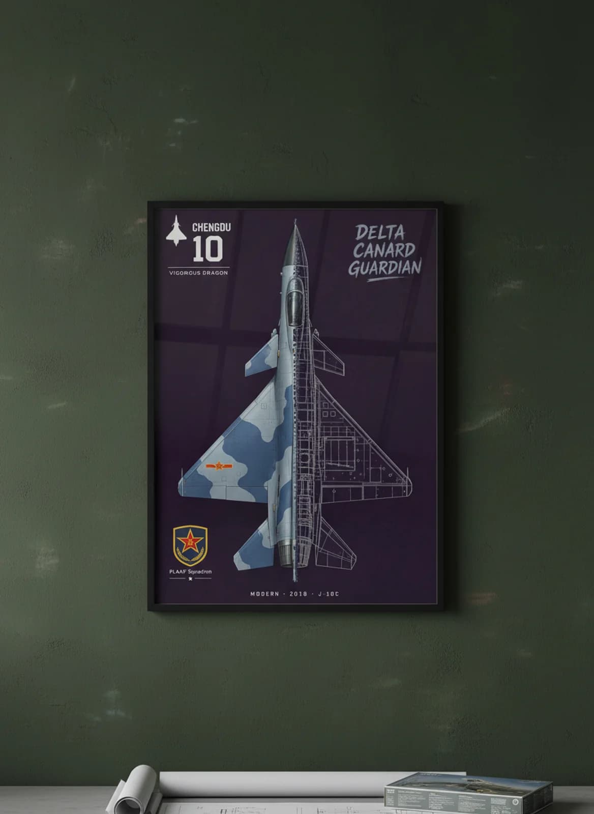 J-10C — Aircraft Cutaway cutaway poster in black A2 frame on dark-forest-violet-plate deep forest wall — Aircraft Cutaways enthusiast study mockup