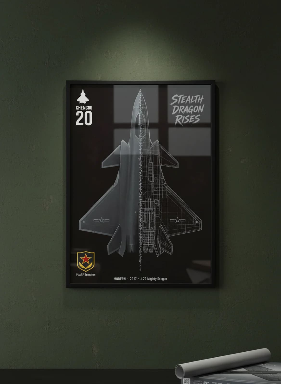 J-20 Mighty Dragon — Aircraft Cutaway cutaway poster in black A2 frame on low-vis-stealth-grey deep forest wall — Aircraft Cutaways enthusiast study mockup