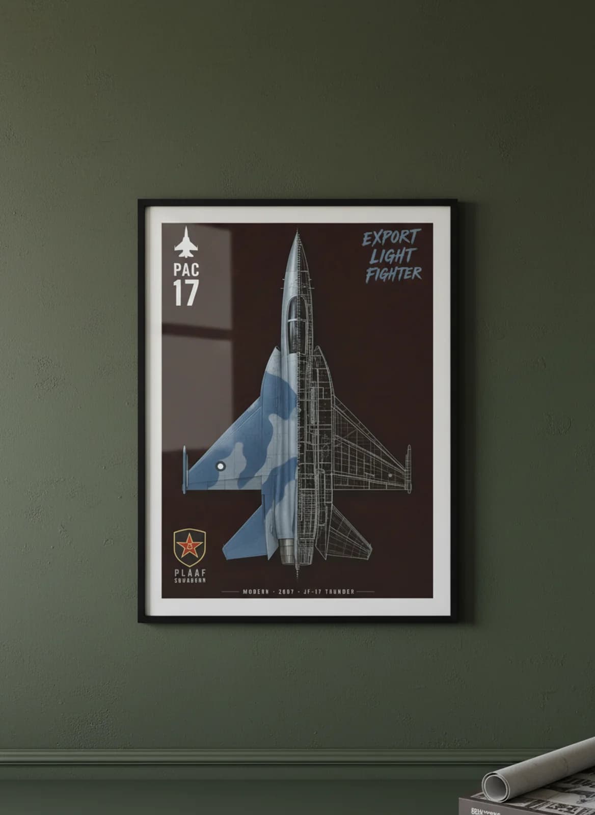JF-17 Thunder — Aircraft Cutaway cutaway poster in black A2 frame on dark-burgundy-forest-plate deep forest wall — Aircraft Cutaways enthusiast study mockup