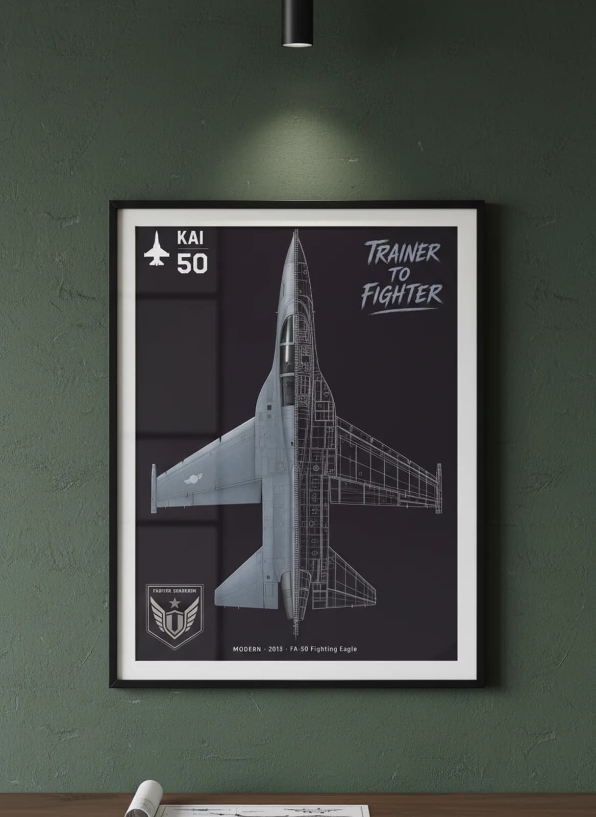 FA-50 Fighting Eagle — Aircraft Cutaway cutaway poster in black A2 frame on light-grey-blue-livery deep forest wall — Aircraft Cutaways enthusiast study mockup