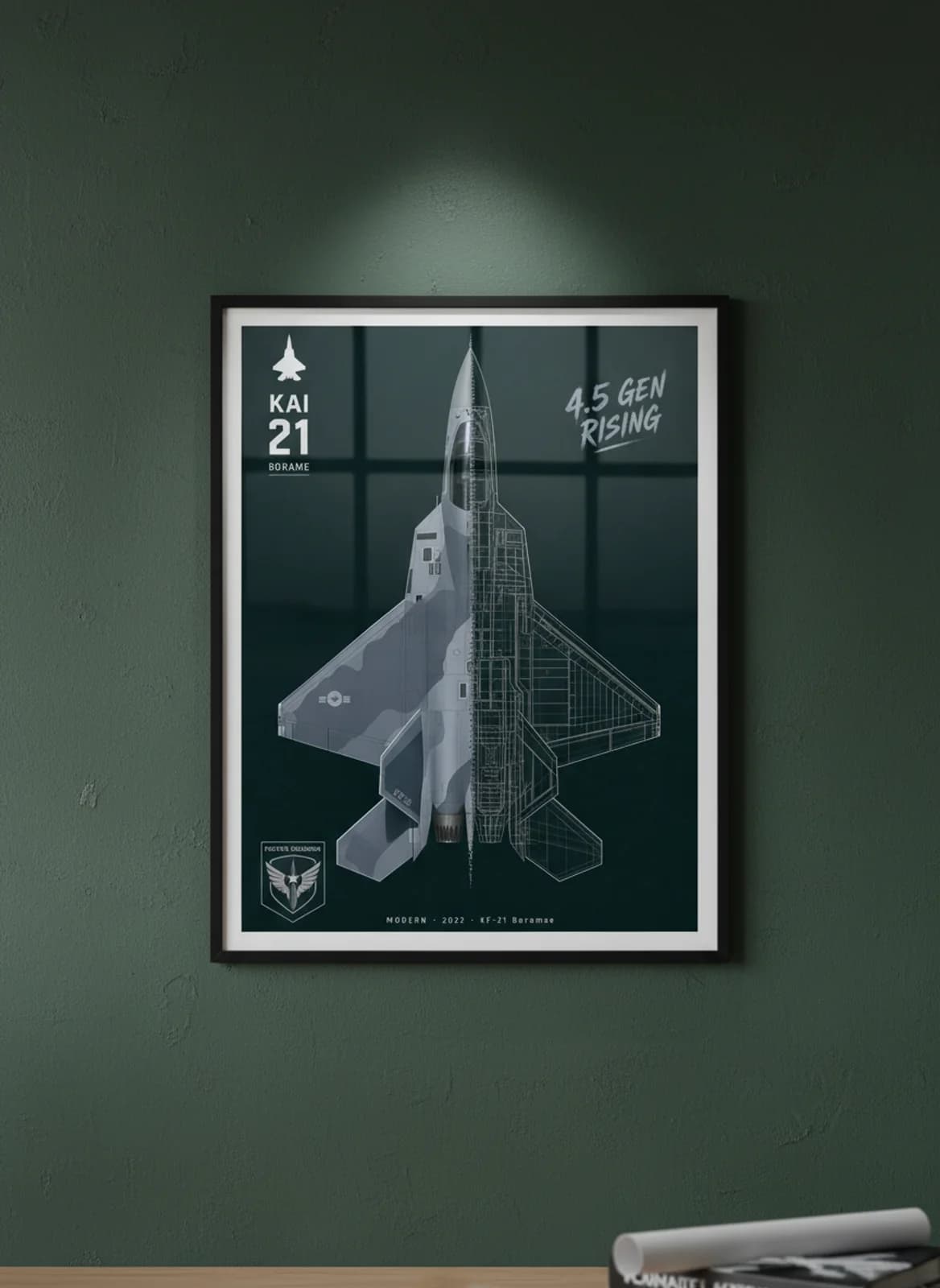 KF-21 Boramae — Aircraft Cutaway cutaway poster in black A2 frame on dark-charcoal-forest-plate deep forest wall — Aircraft Cutaways enthusiast study mockup