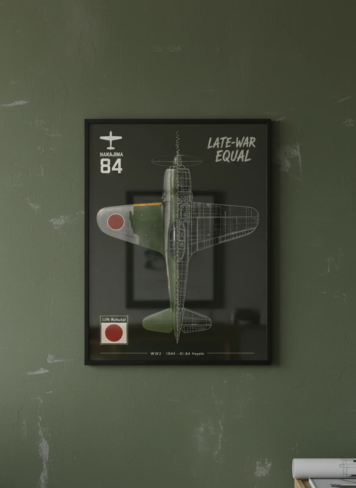 Ki-84 Hayate — Aircraft Cutaway cutaway poster in black A2 frame on olive-green-camouflage deep forest wall — Aircraft Cutaways enthusiast study mockup
