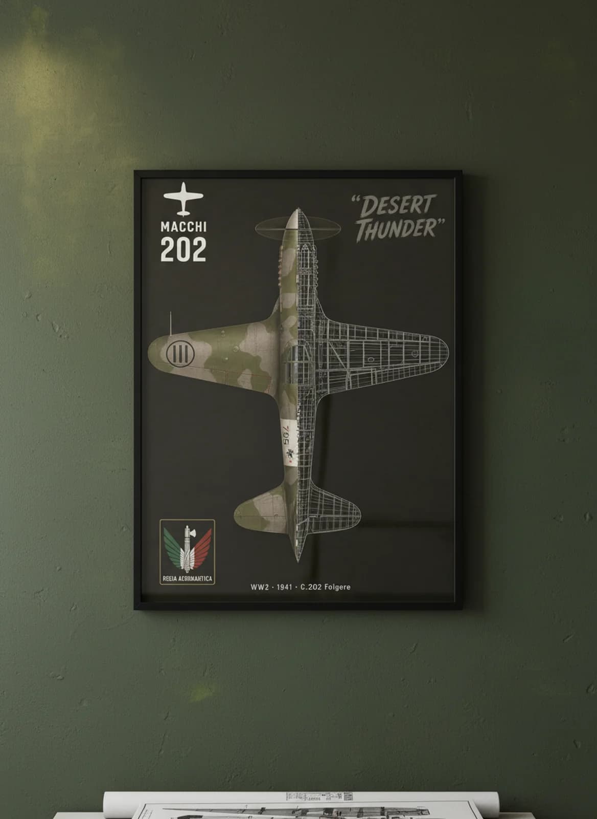 C.202 Folgore — Aircraft Cutaway cutaway poster in black A2 frame on olive-green-mottle deep forest wall — Aircraft Cutaways enthusiast study mockup