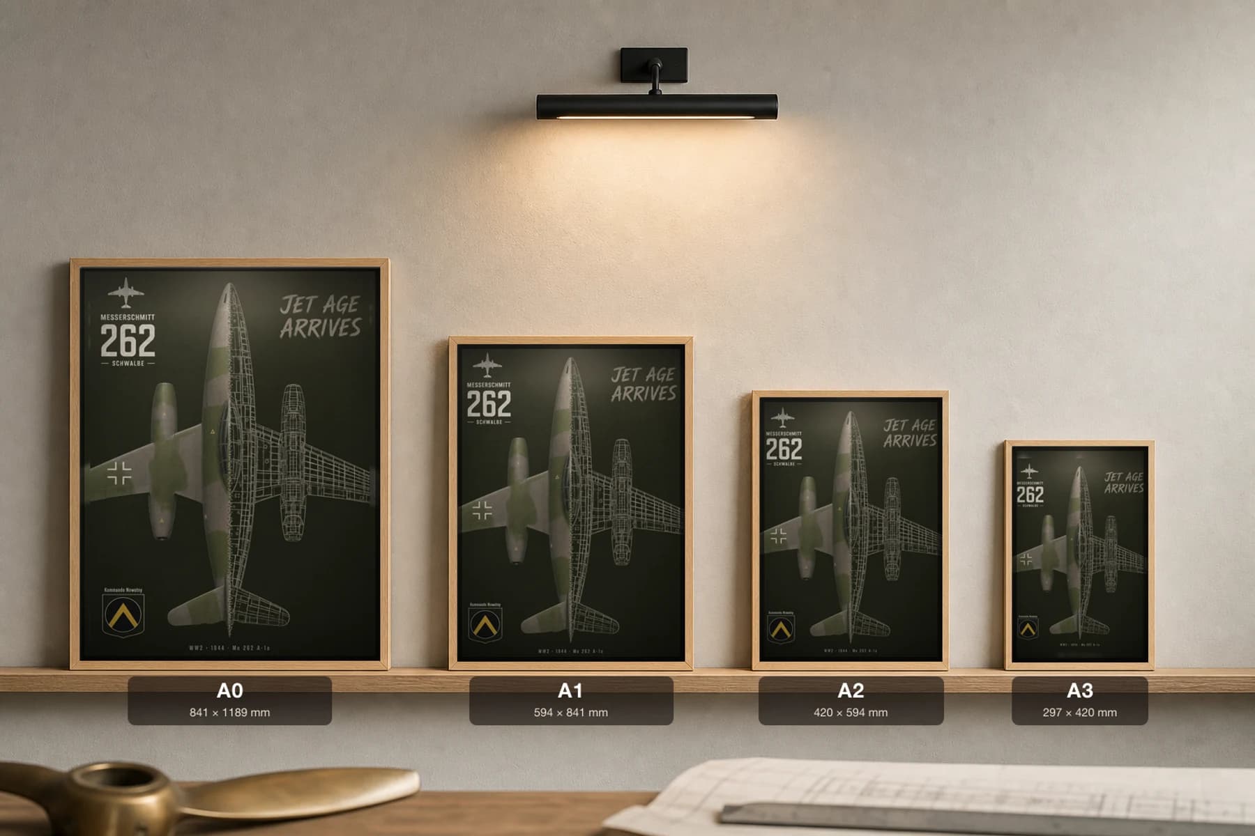 Messerschmitt Me 262 Cutaway Poster — A-1a WW2 Split-View Blueprint Print — print size guide showing the artwork at A0, A1, A2 and A3 in natural-oak frames at true relative scale