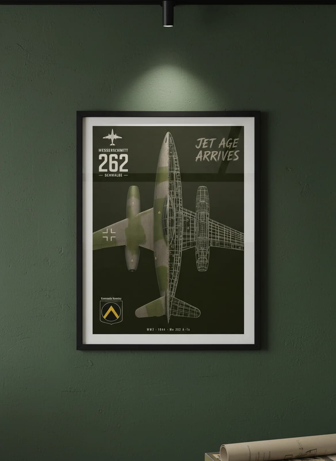 Me 262 A-1a — Aircraft Cutaway cutaway poster in black A2 frame on dark-green-camouflage deep forest wall — Aircraft Cutaways enthusiast study mockup