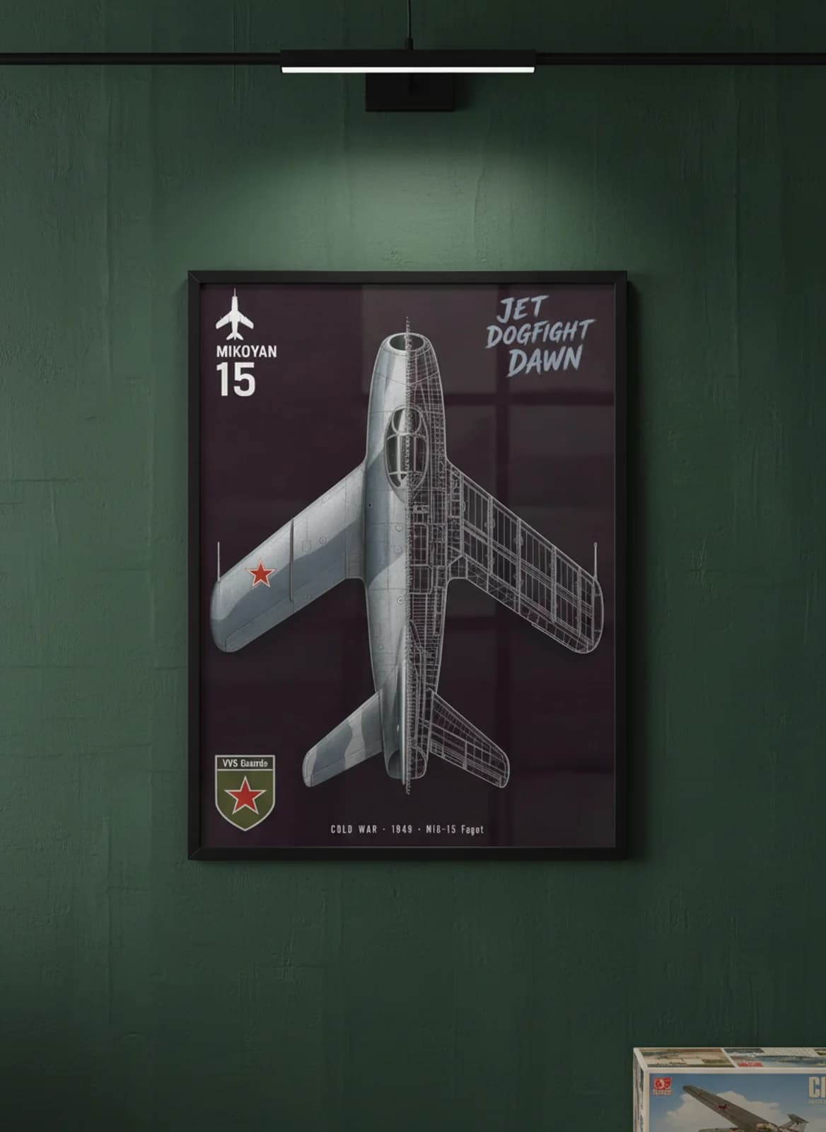 MiG-15 Fagot — Aircraft Cutaway cutaway poster in black A2 frame on natural-metal-silver-grey deep forest wall — Aircraft Cutaways enthusiast study mockup