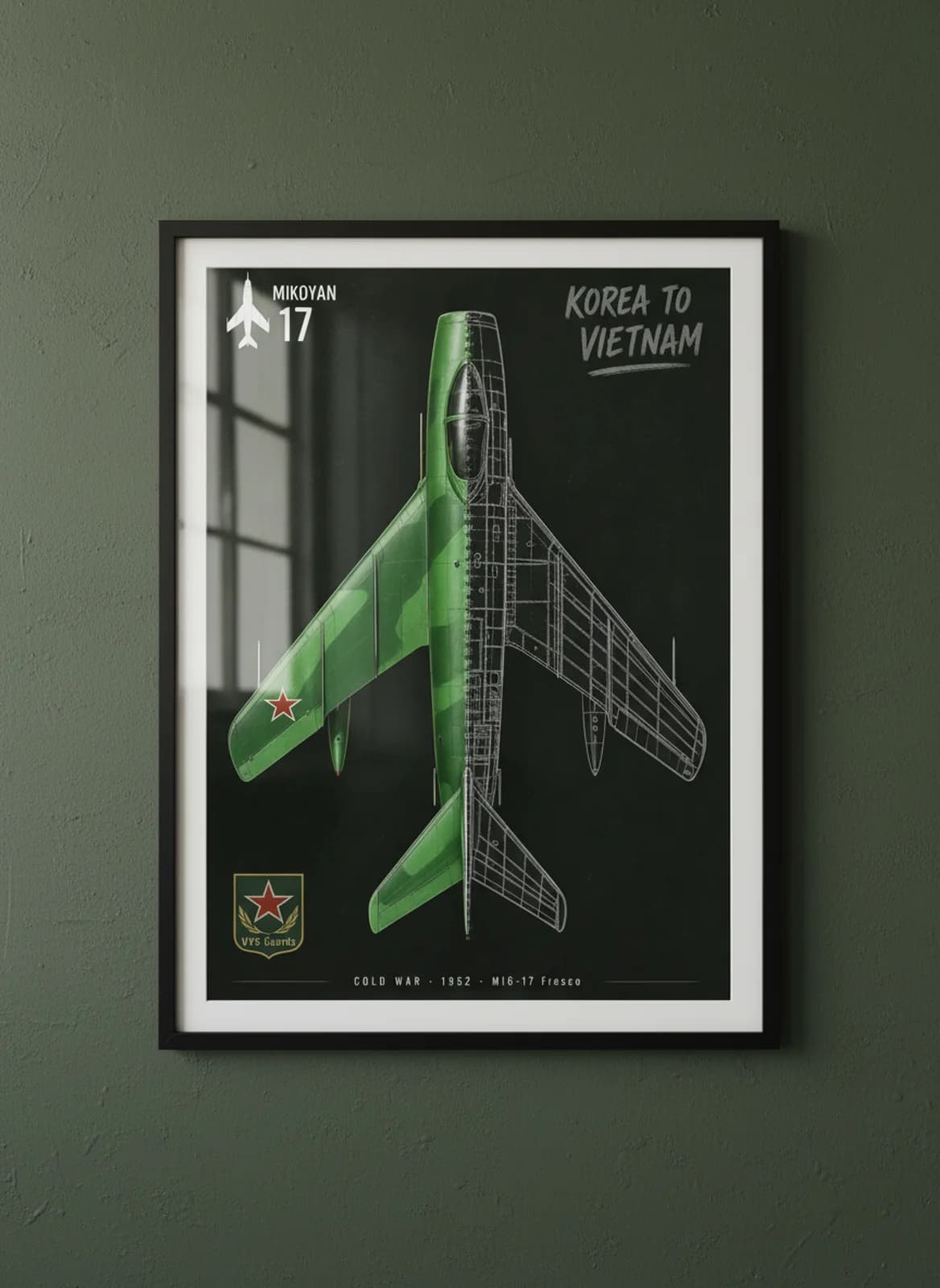 MiG-17 Fresco — Aircraft Cutaway cutaway poster in black A2 frame on soviet-green-grey-camo deep forest wall — Aircraft Cutaways enthusiast study mockup