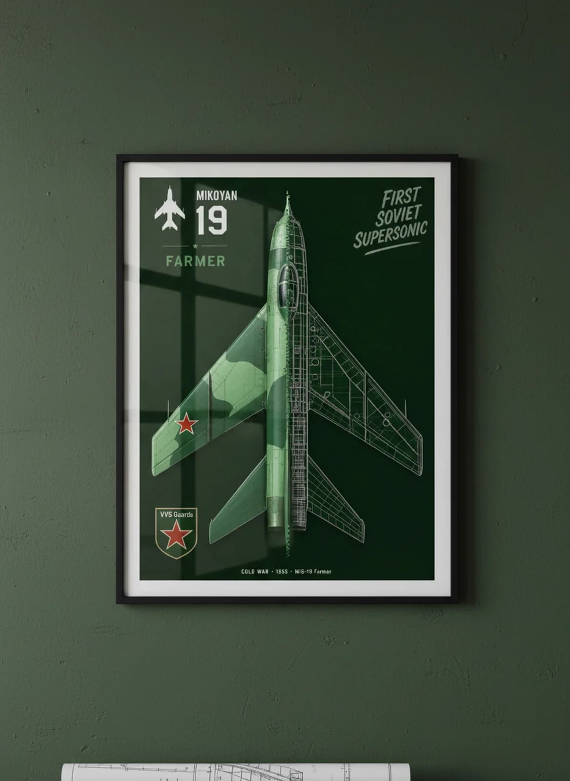 MiG-19 Farmer — Aircraft Cutaway cutaway poster in black A2 frame on soviet-green-brown-camo deep forest wall — Aircraft Cutaways enthusiast study mockup