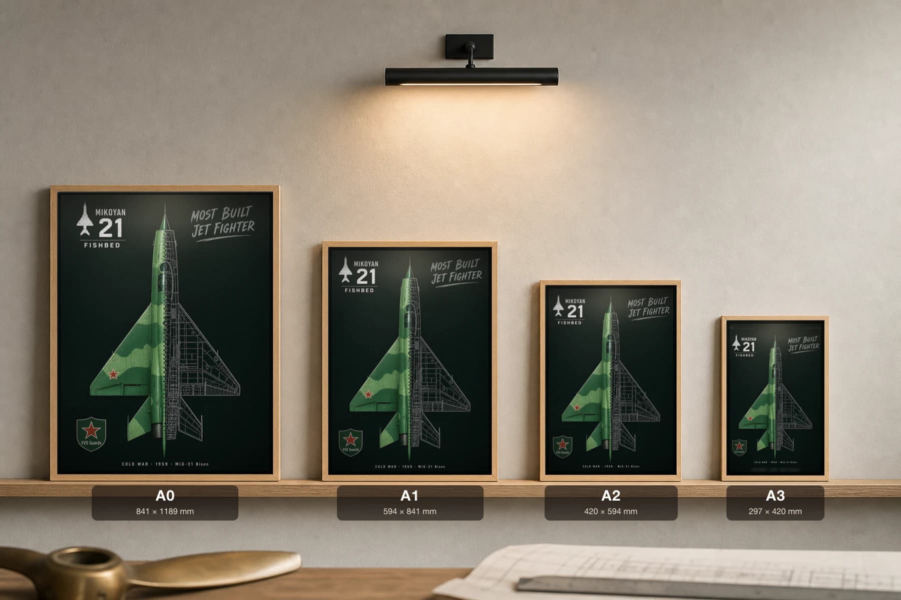 MiG-21 Cutaway Poster — MiG-21 Bison Cold War Split-View Blueprint Print — print size guide showing the artwork at A0, A1, A2 and A3 in natural-oak frames at true relative scale