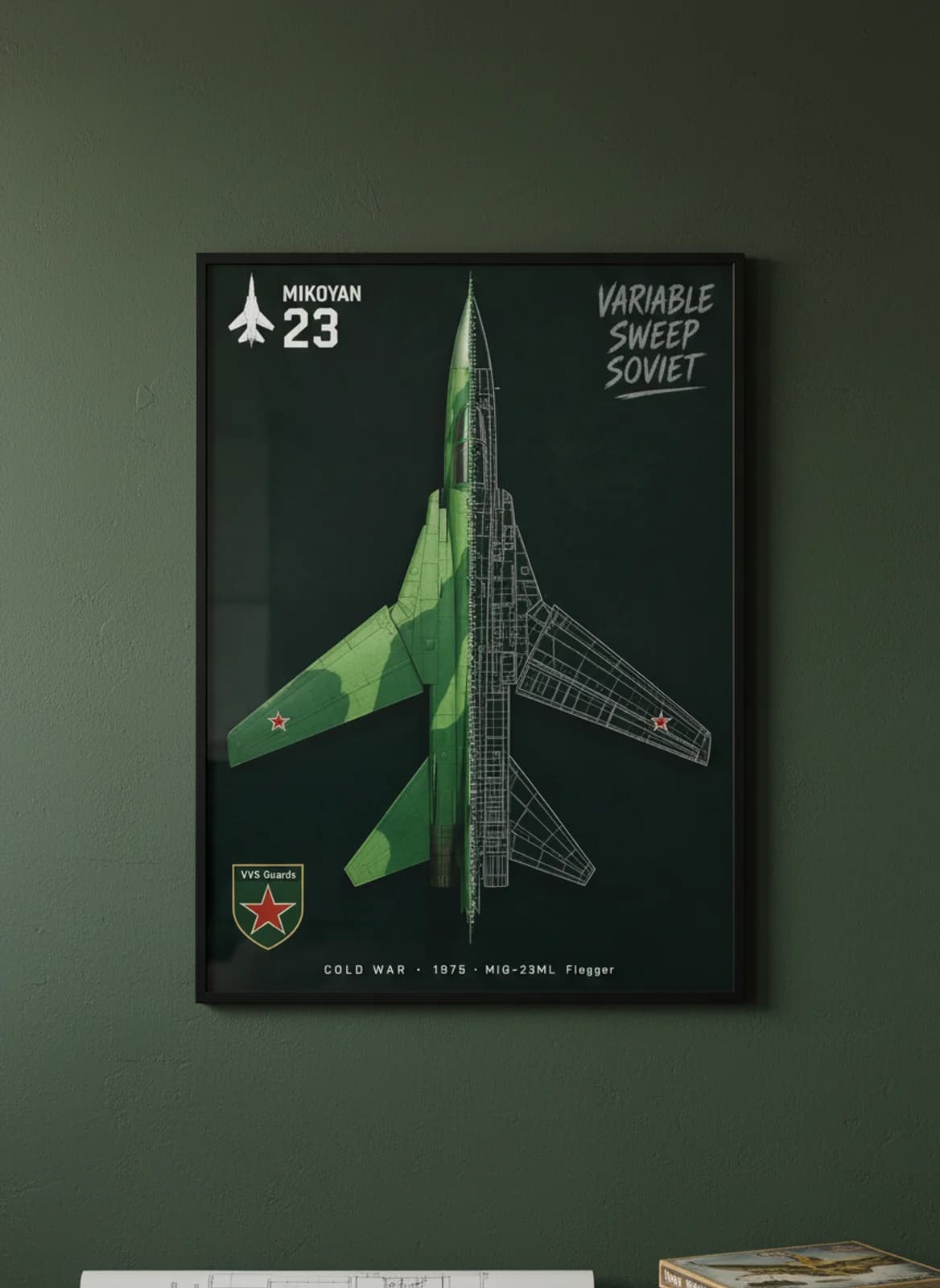 MiG-23ML Flogger — Aircraft Cutaway cutaway poster in black A2 frame on green-tan-disruptive-camo deep forest wall — Aircraft Cutaways enthusiast study mockup