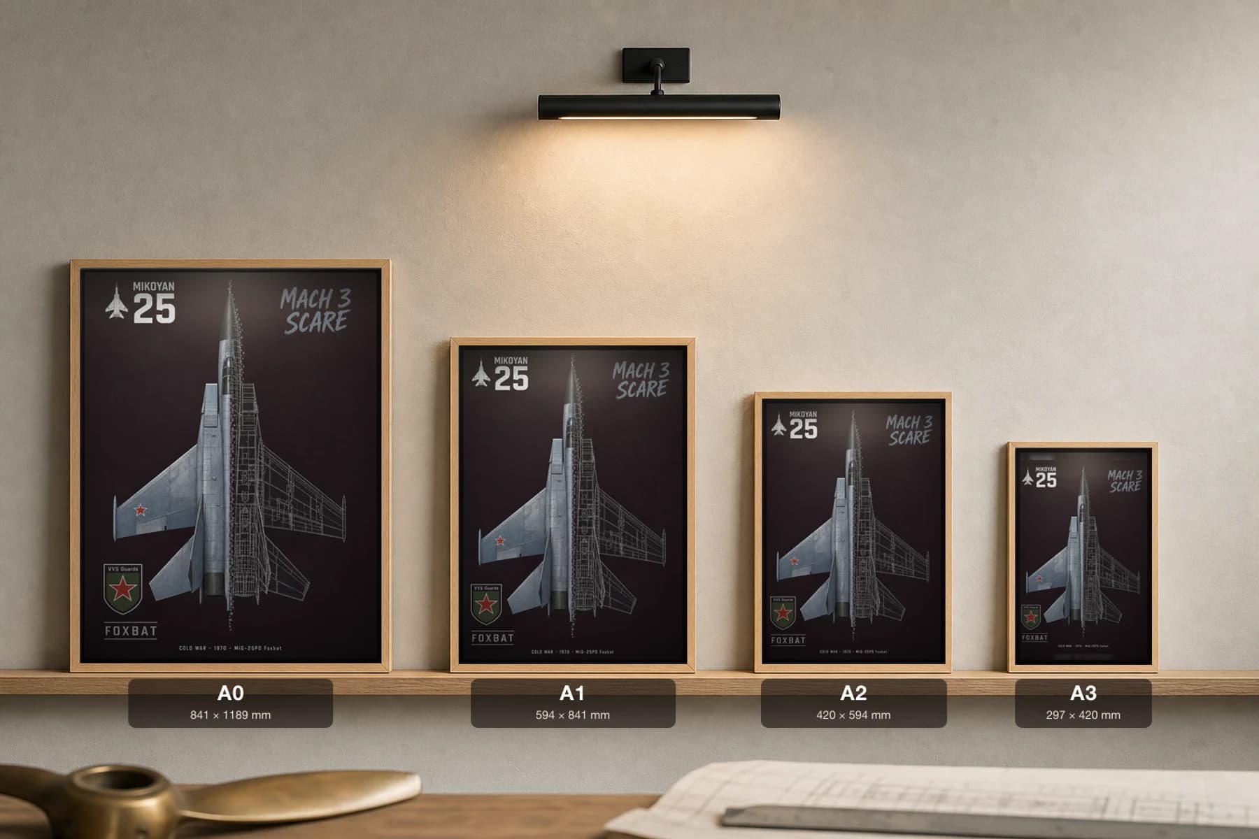 MiG-25 Cutaway Poster — MiG-25PD Foxbat Cold War Split-View Blueprint Print — print size guide showing the artwork at A0, A1, A2 and A3 in natural-oak frames at true relative scale