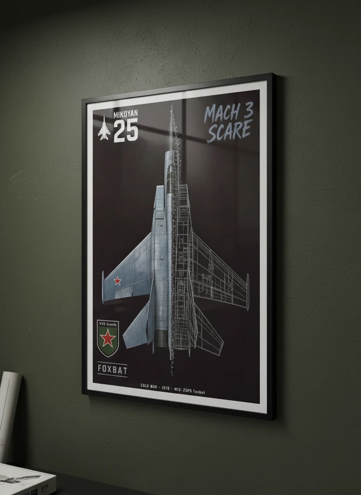MiG-25PD Foxbat — Aircraft Cutaway cutaway poster in black A2 frame on silver-metallic-exterior deep forest wall — Aircraft Cutaways enthusiast study mockup