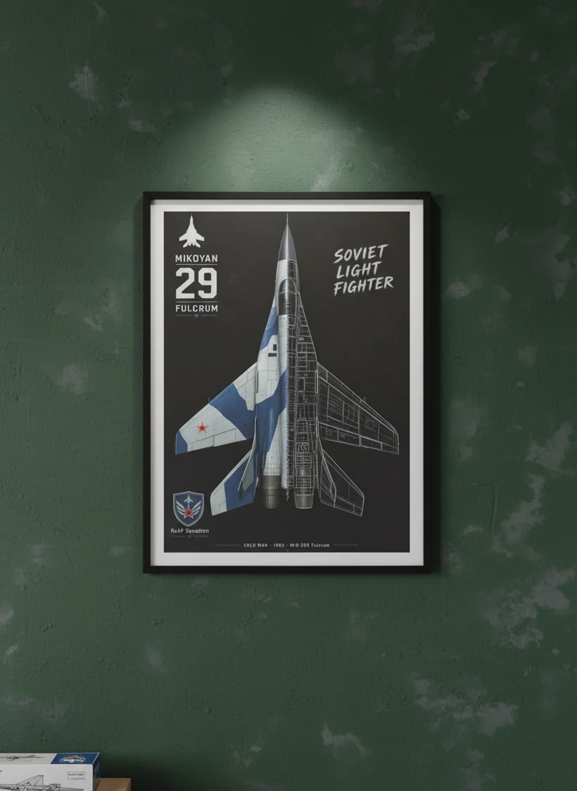 MiG-29S Fulcrum — Aircraft Cutaway cutaway poster in black A2 frame on grey-blue-camouflage deep forest wall — Aircraft Cutaways enthusiast study mockup