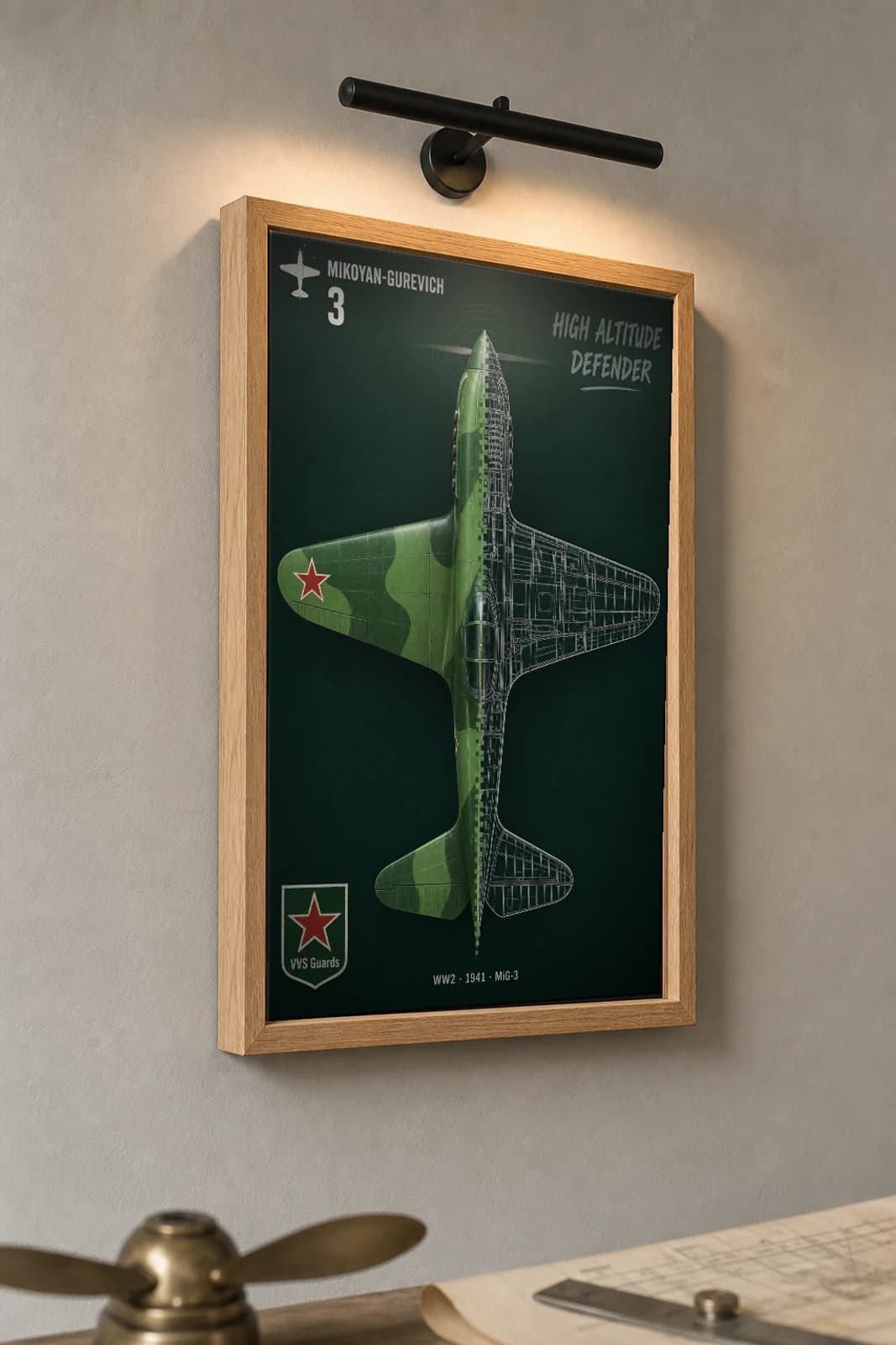 MiG-3 Cutaway Poster — MiG-3 WW2 Split-View Blueprint Print — the framed print shown at a three-quarter angle on a styled gallery wall in a natural-oak frame