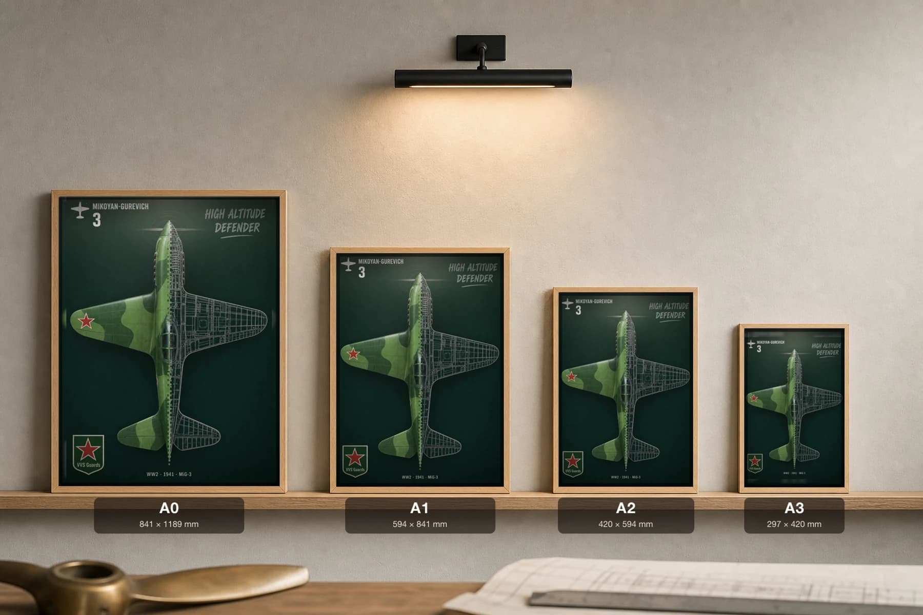 MiG-3 Cutaway Poster — MiG-3 WW2 Split-View Blueprint Print — print size guide showing the artwork at A0, A1, A2 and A3 in natural-oak frames at true relative scale
