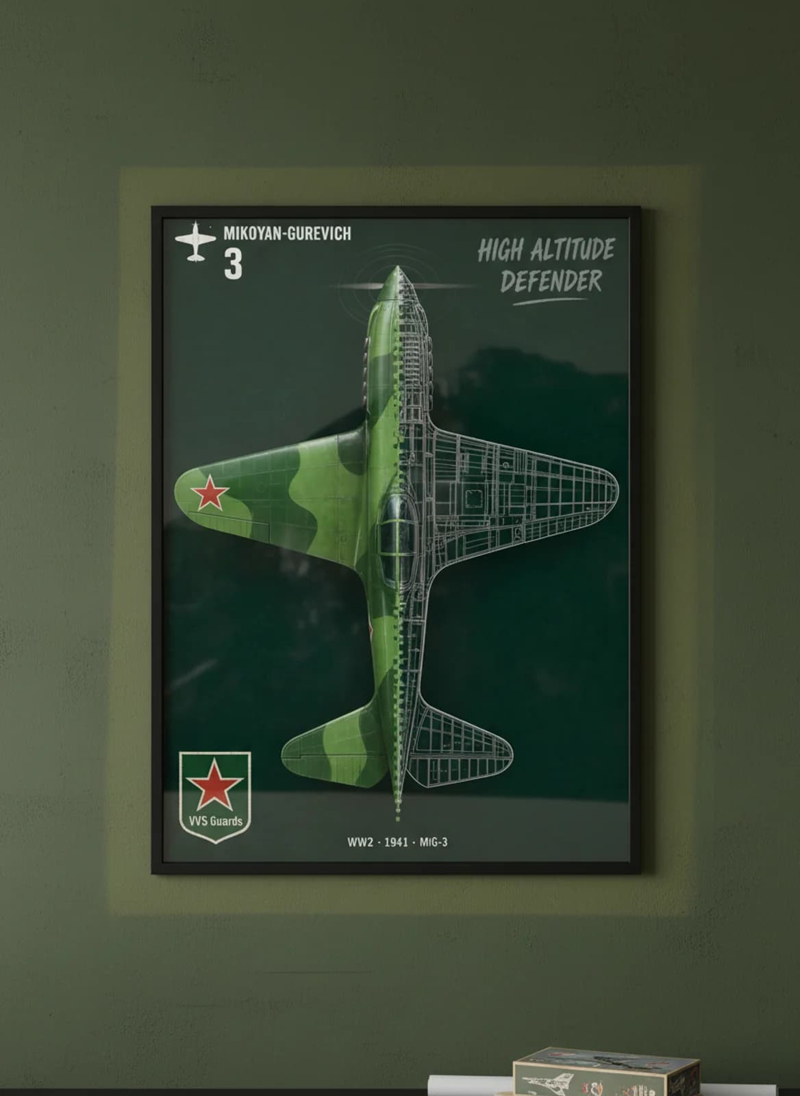 MiG-3 — Aircraft Cutaway cutaway poster in black A2 frame on olive-green-camouflage deep forest wall — Aircraft Cutaways enthusiast study mockup