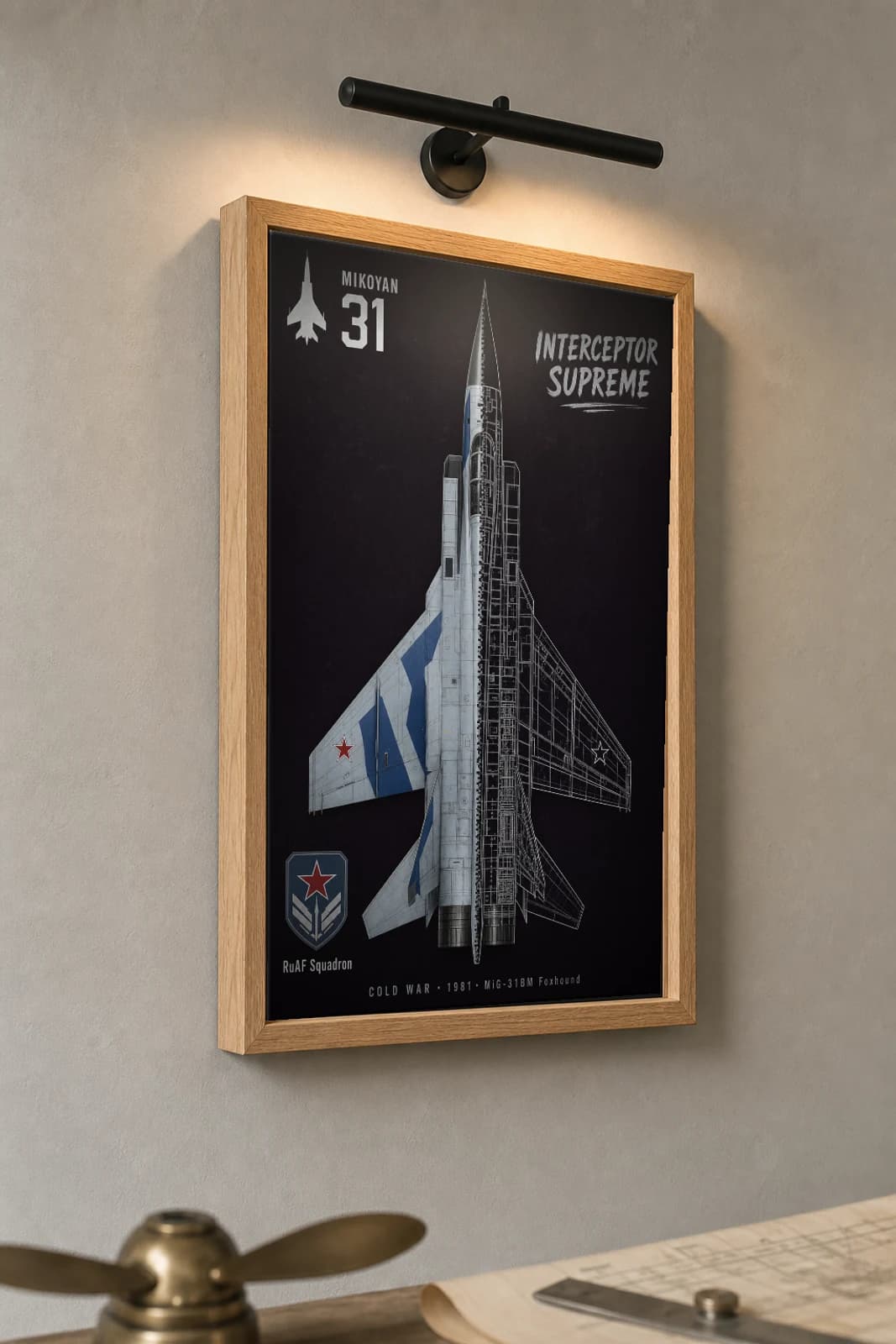 MiG-31 Cutaway Poster — MiG-31BM Foxhound Cold War Split-View Blueprint Print — the framed print shown at a three-quarter angle on a styled gallery wall in a natural-oak frame