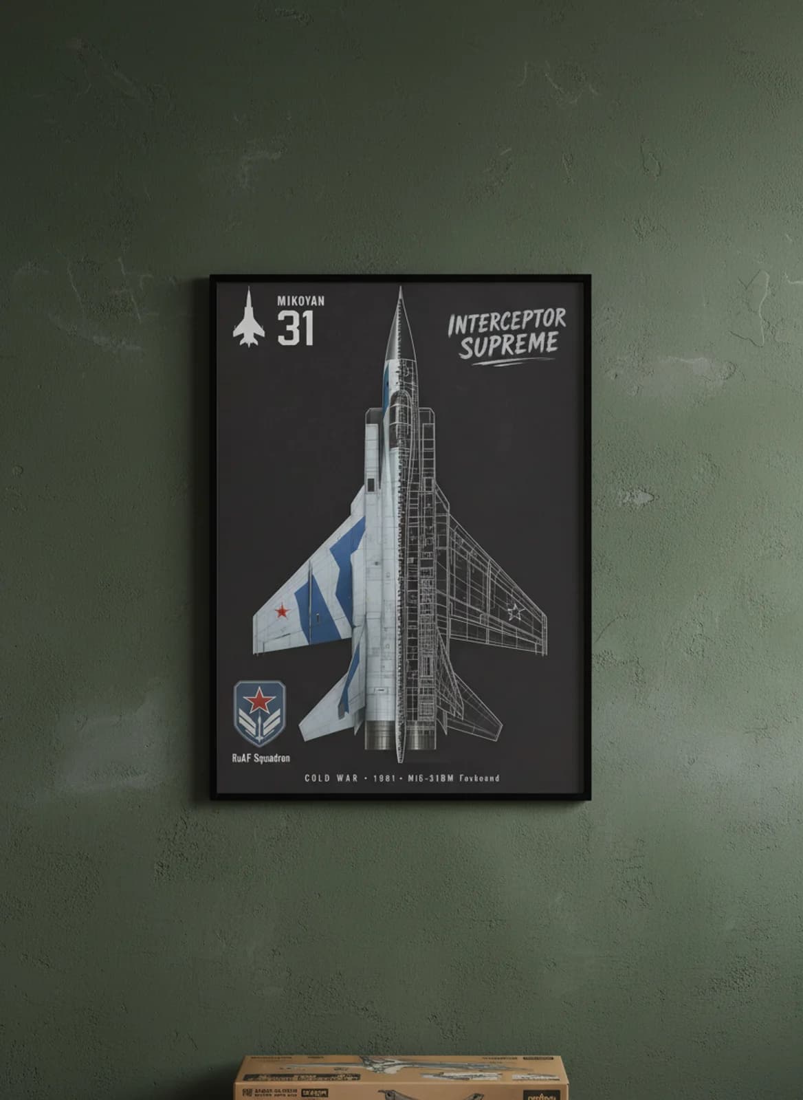 MiG-31BM Foxhound — Aircraft Cutaway cutaway poster in black A2 frame on light-grey-exterior deep forest wall — Aircraft Cutaways enthusiast study mockup