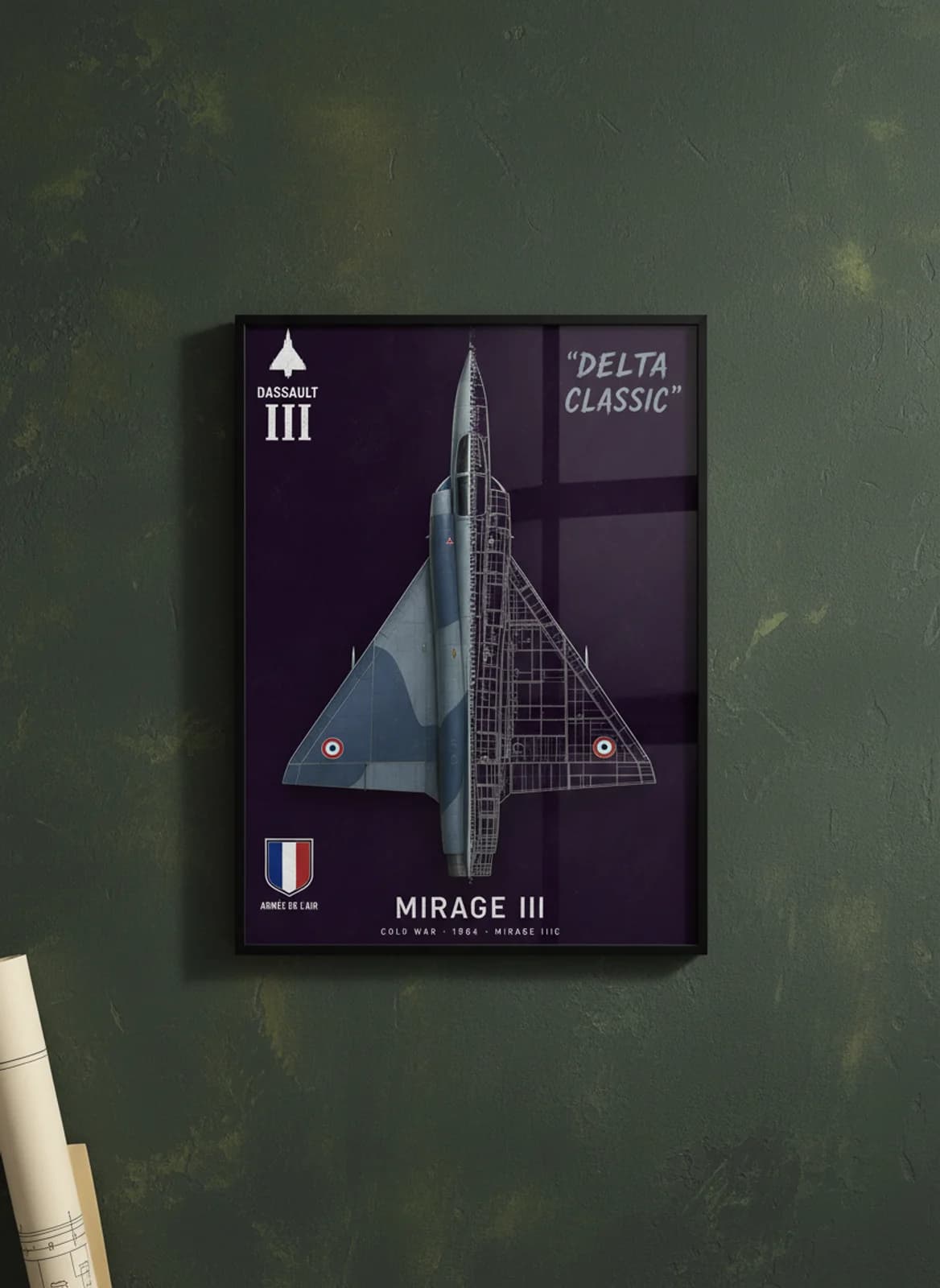 Mirage IIIC cutaway poster in black A2 frame on nato-blue-grey-camouflage deep forest wall — Aircraft Cutaways enthusiast study mockup