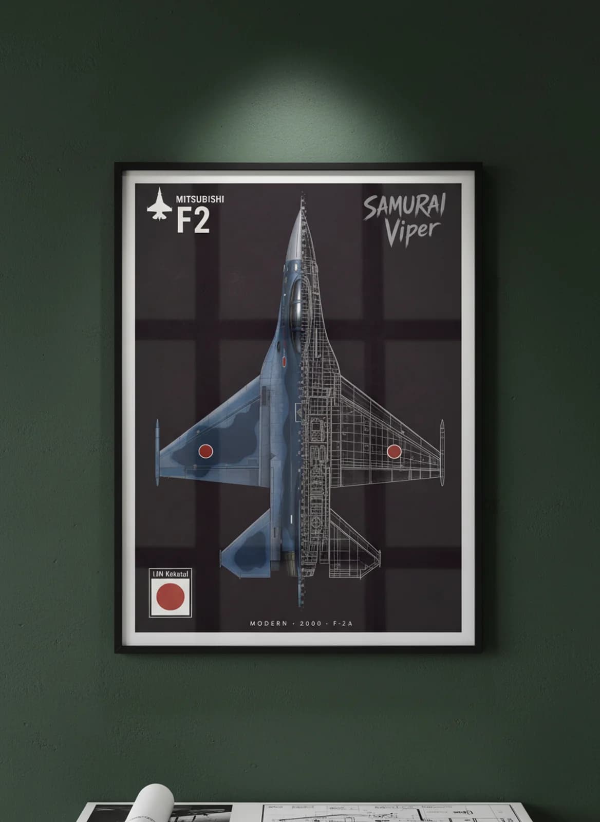 F-2A — Aircraft Cutaway cutaway poster in black A2 frame on jasdf-blue-sea-camouflage deep forest wall — Aircraft Cutaways enthusiast study mockup