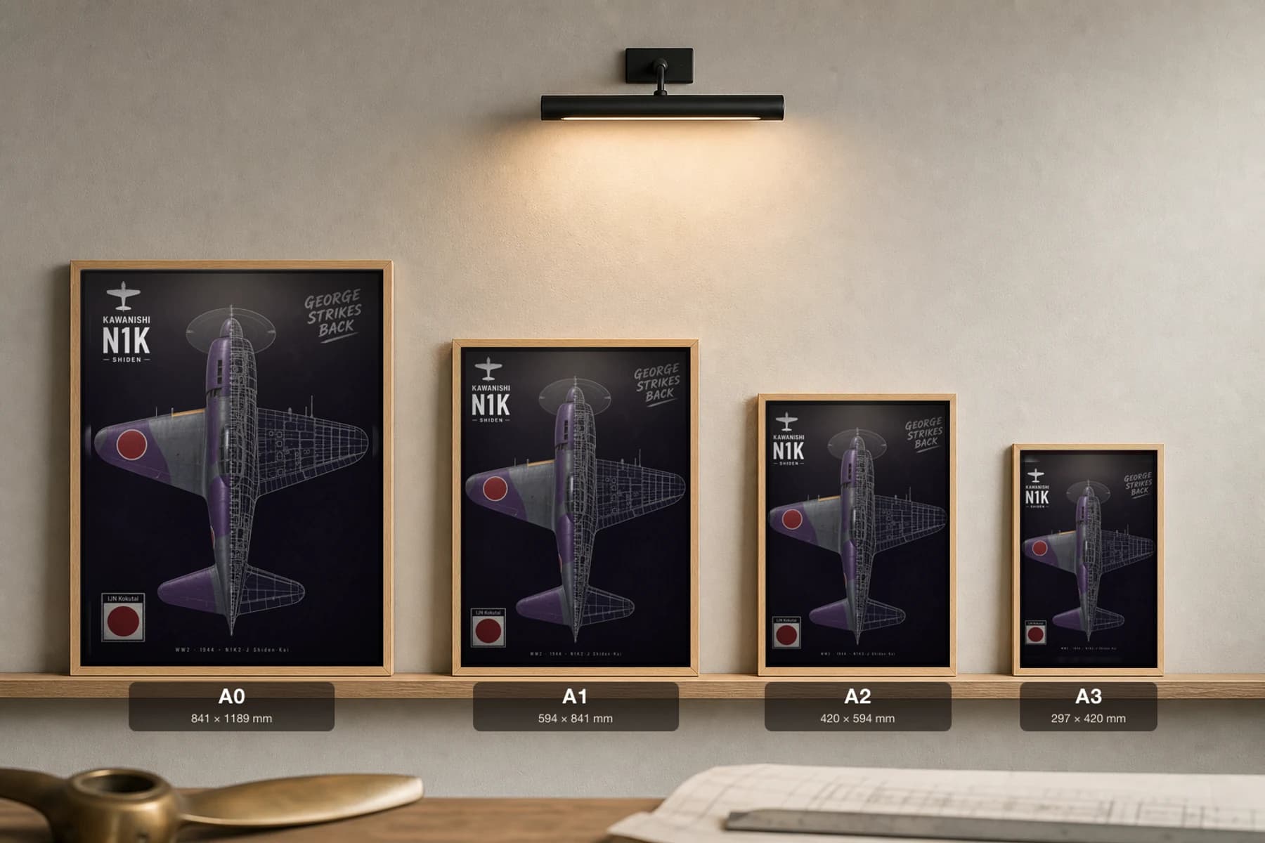 N1K2-J Shiden-Kai Cutaway Poster — N1K2-J George WW2 Split-View Blueprint Print — print size guide showing the artwork at A0, A1, A2 and A3 in natural-oak frames at true relative scale