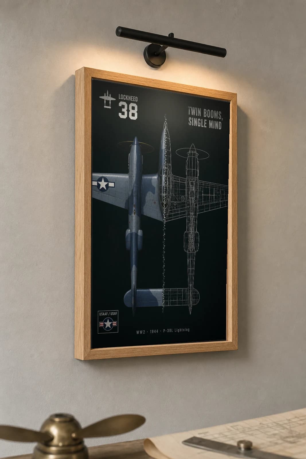 P-38 Lightning Cutaway Poster — P-38L WW2 Split-View Blueprint Print — the framed print shown at a three-quarter angle on a styled gallery wall in a natural-oak frame