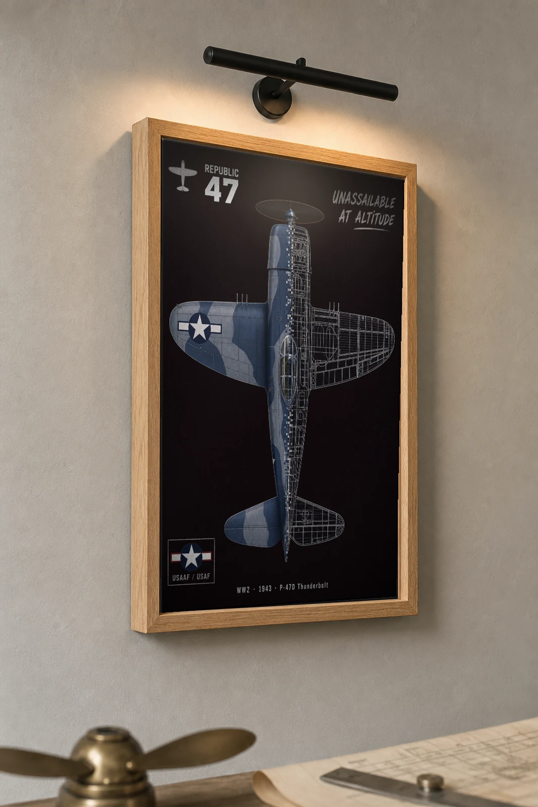P-47 Thunderbolt Cutaway Poster — P-47D WW2 Split-View Blueprint Print — the framed print shown at a three-quarter angle on a styled gallery wall in a natural-oak frame