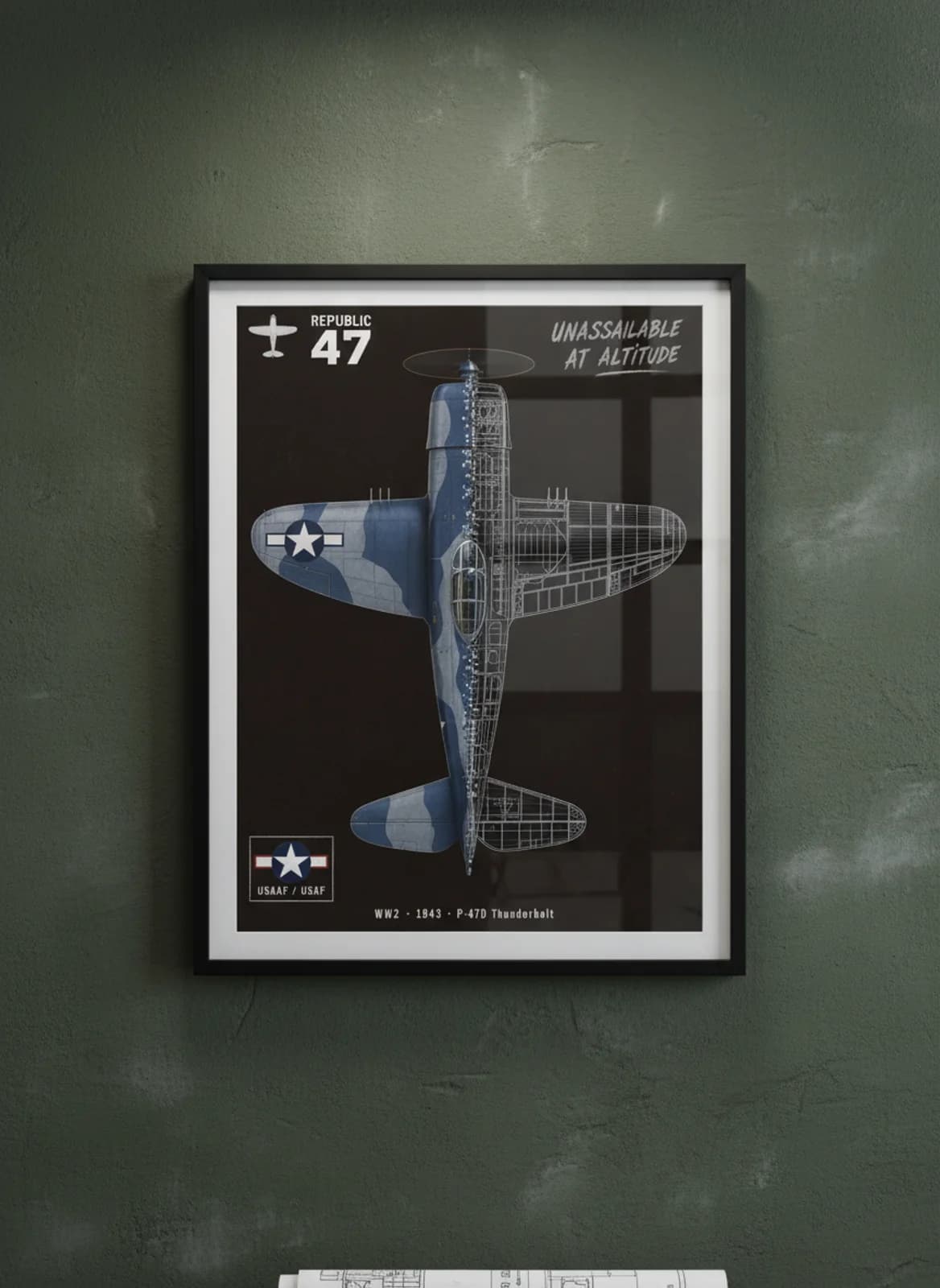 P-47D Thunderbolt — Aircraft Cutaway cutaway poster in black A2 frame on two-tone-blue-camouflage deep forest wall — Aircraft Cutaways enthusiast study mockup