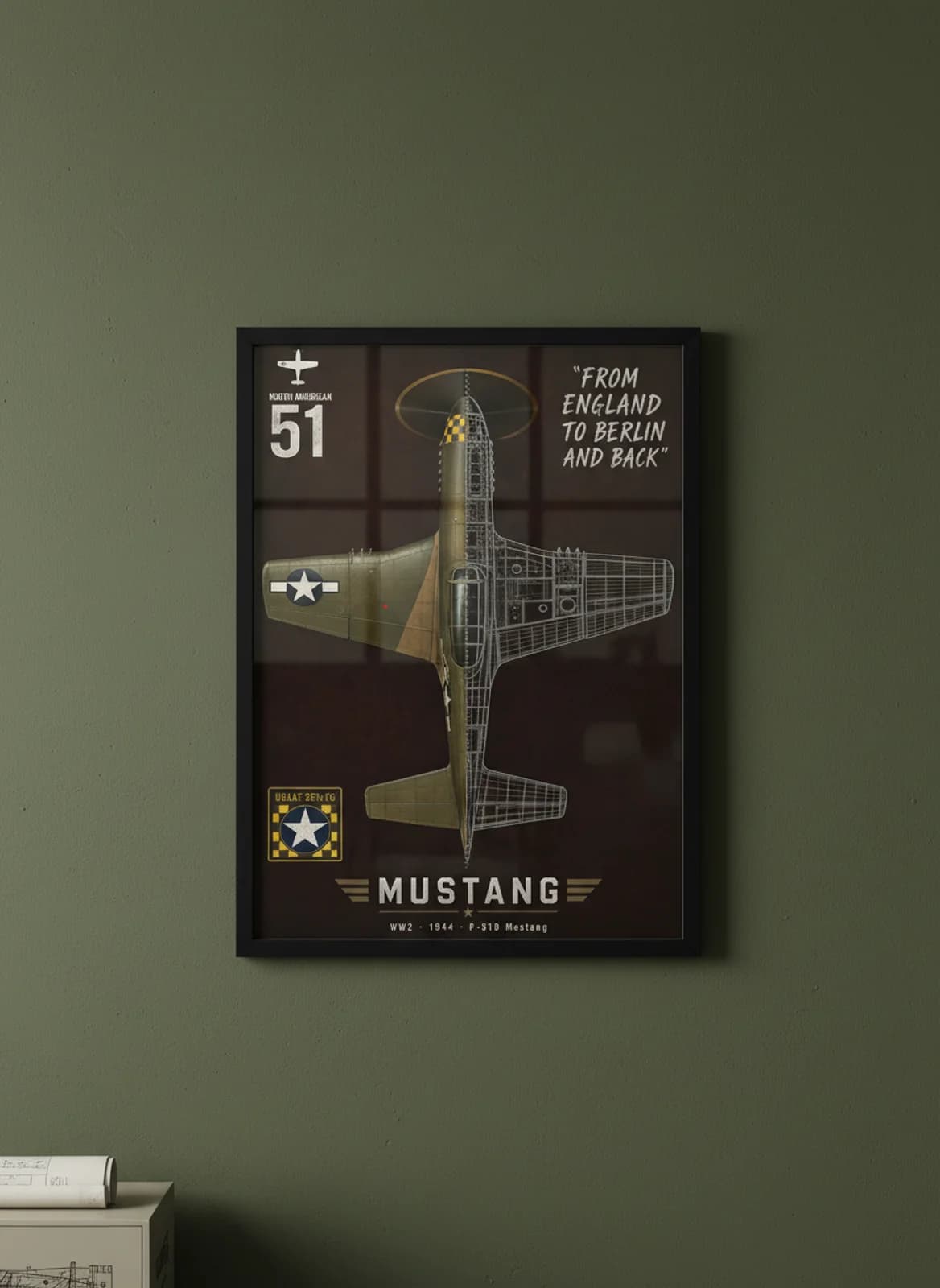 P-51D Mustang — Aircraft Cutaway cutaway poster in black A2 frame on olive-drab-exterior deep forest wall — Aircraft Cutaways enthusiast study mockup